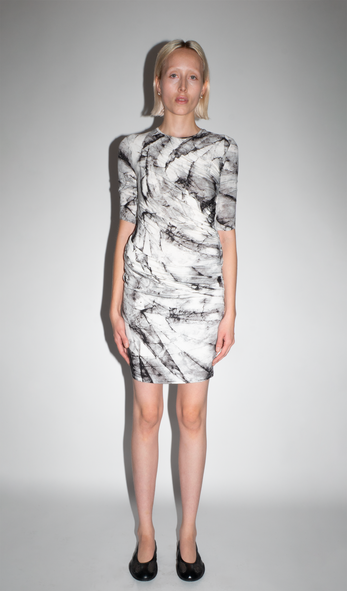 Helmut Lang Black and Grey Abstract 3/4 Sleeve Dress