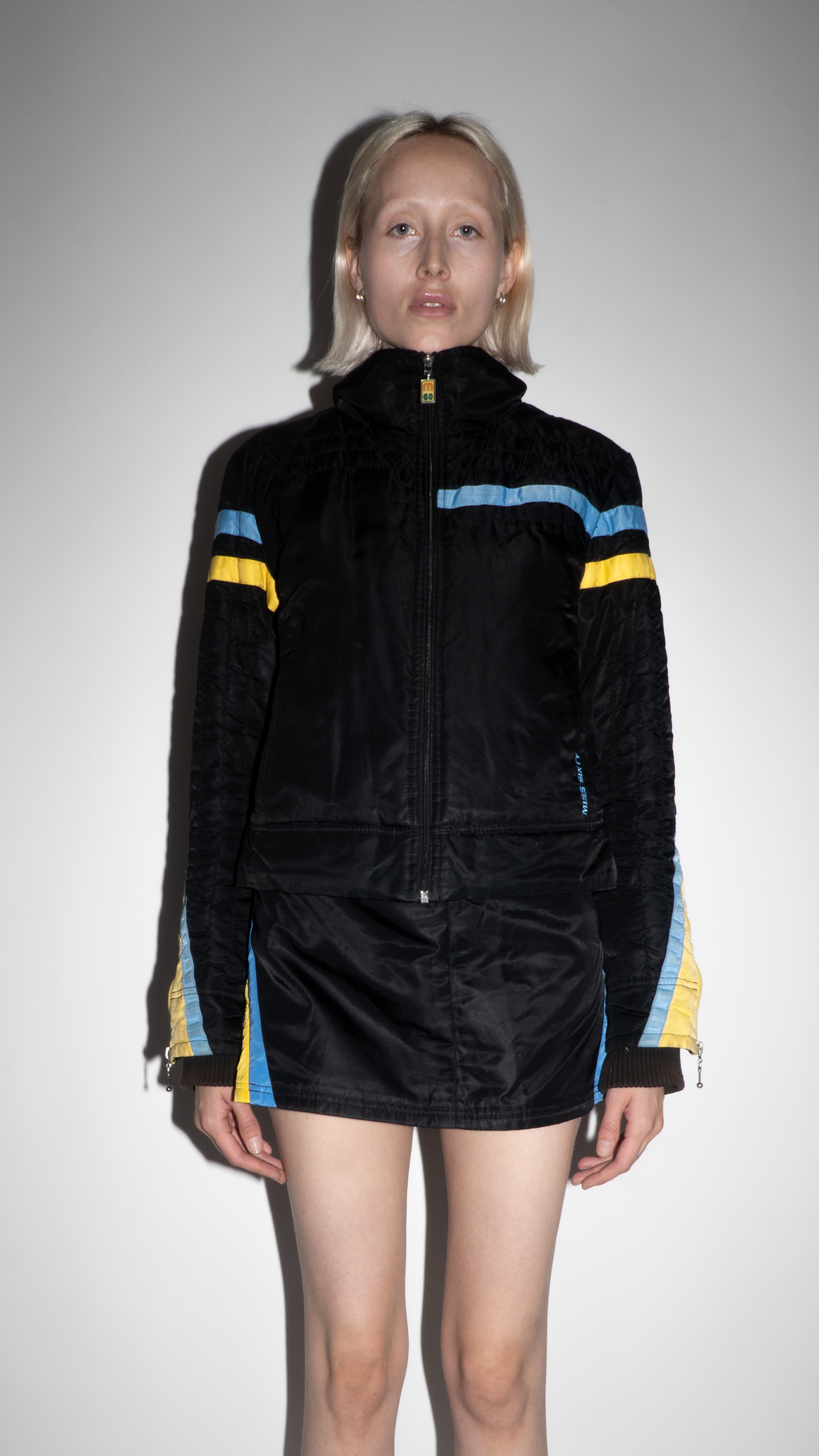 Miss Sixty Biker Style Zip Up Jacket with Blue and Yellow Stripes