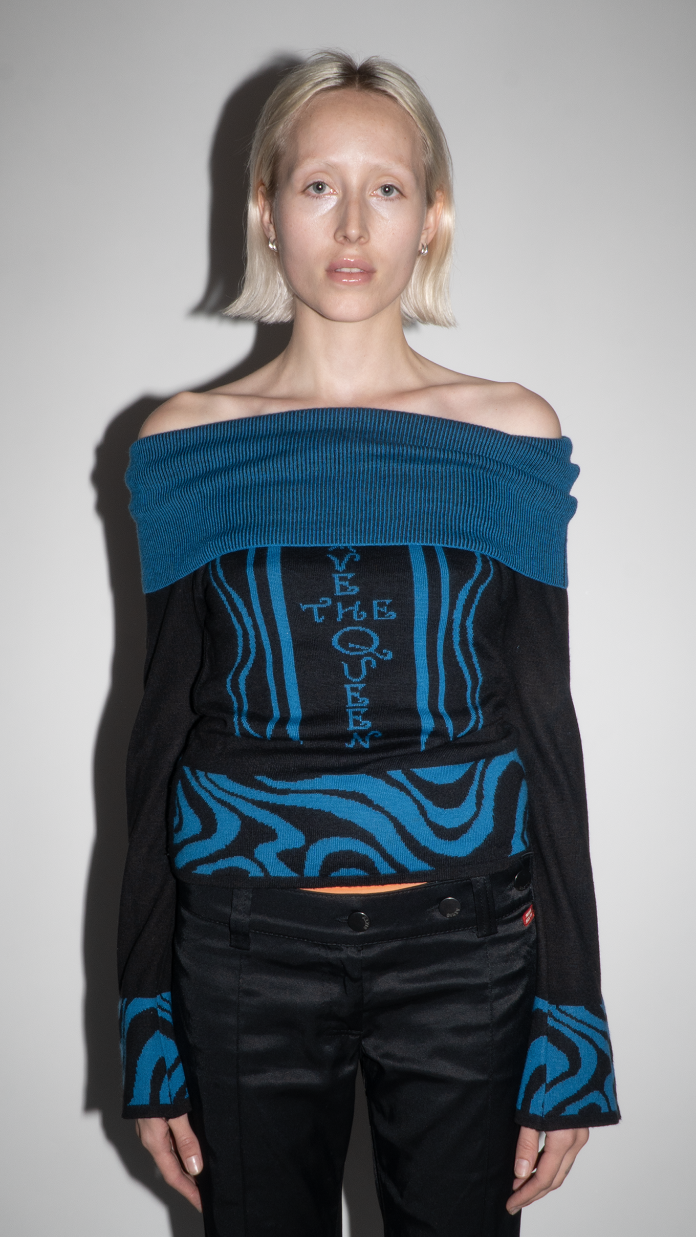*Save The Queen!* Black and Blue Long-Sleeve Off Shoulder Top