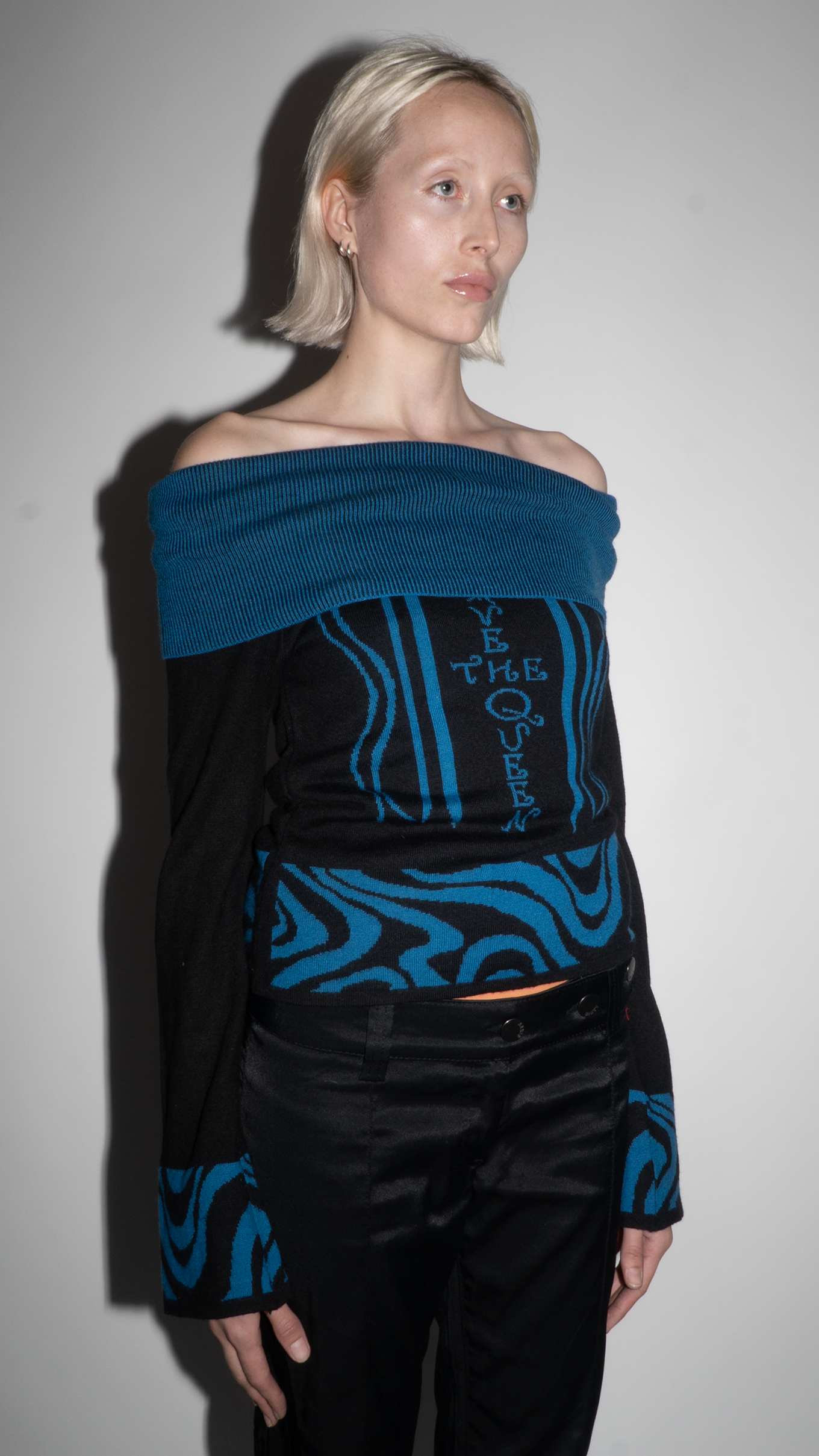 *Save The Queen!* Black and Blue Long-Sleeve Off Shoulder Top