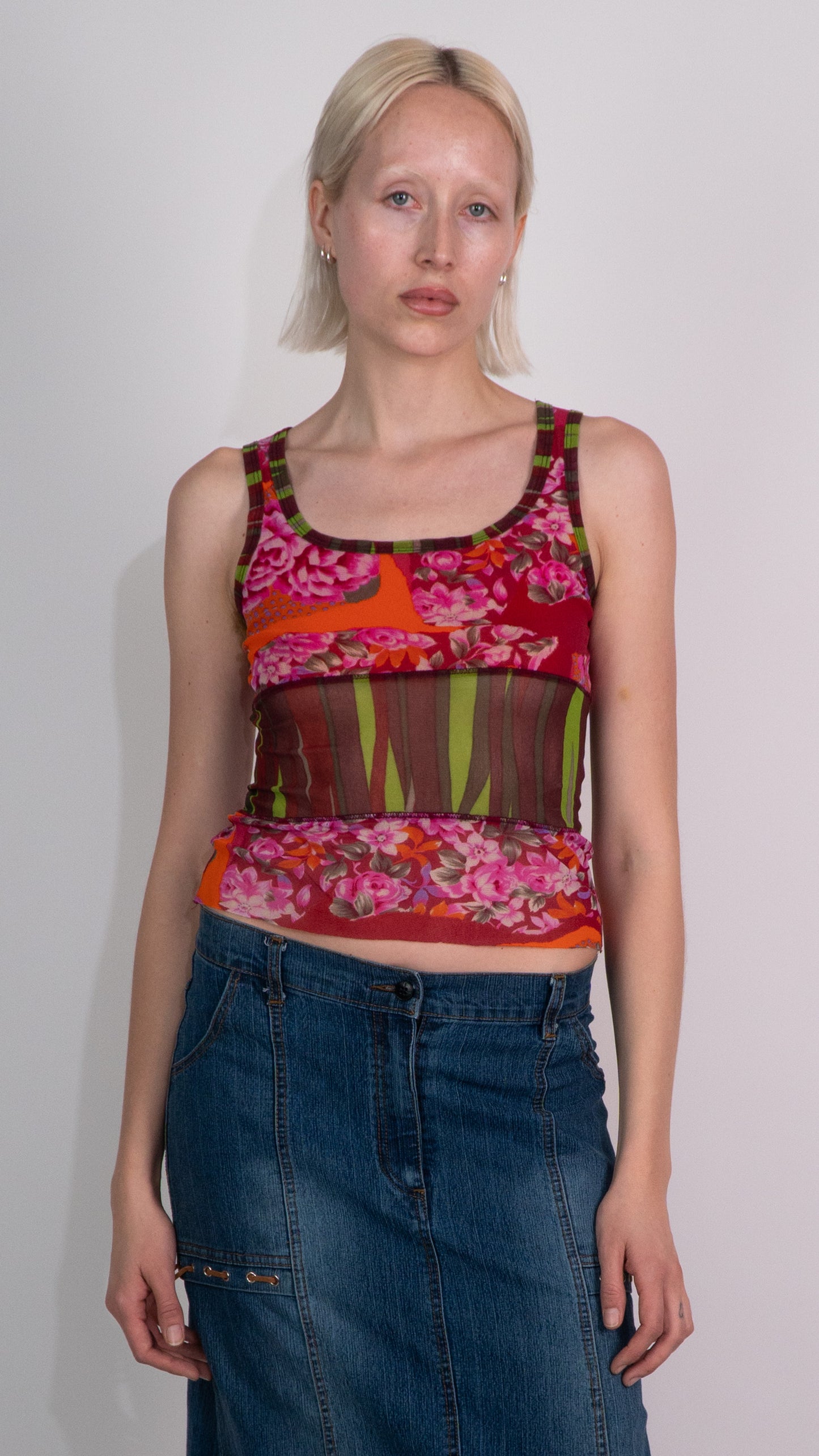 One Step Floral Print Mesh Tank Top