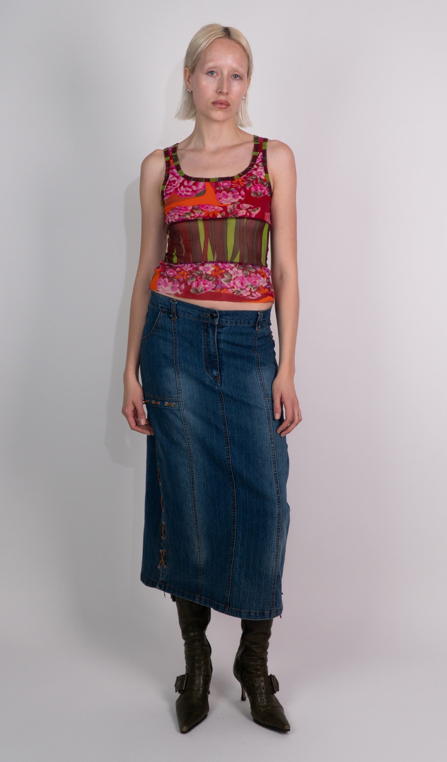 Denim Maxi Skirt With Lace Up Side Details