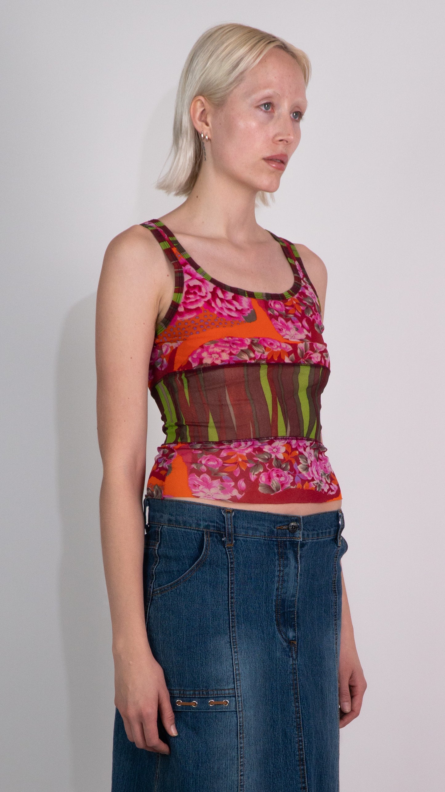 One Step Floral Print Mesh Tank Top
