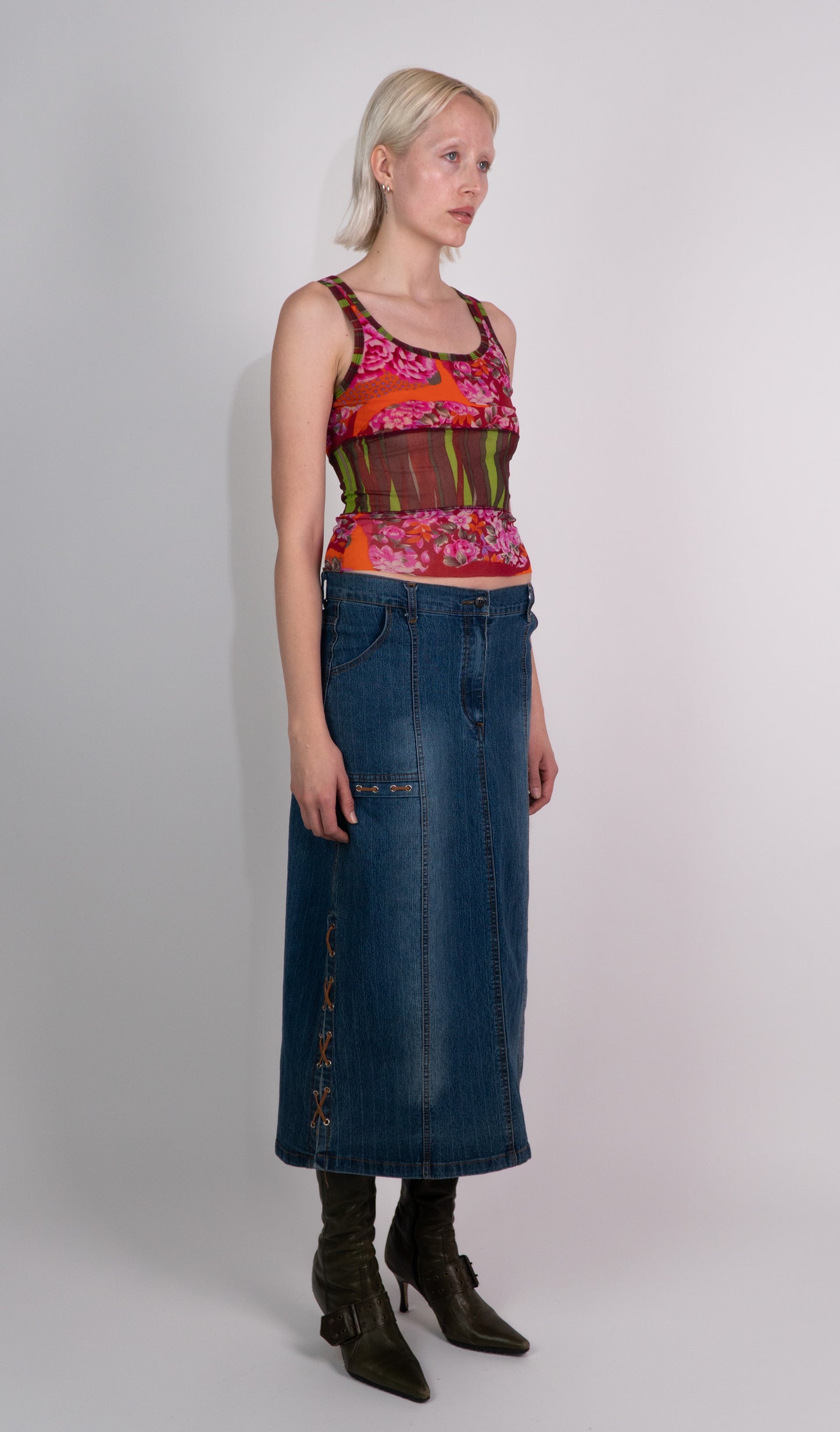 Denim Maxi Skirt With Lace Up Side Details