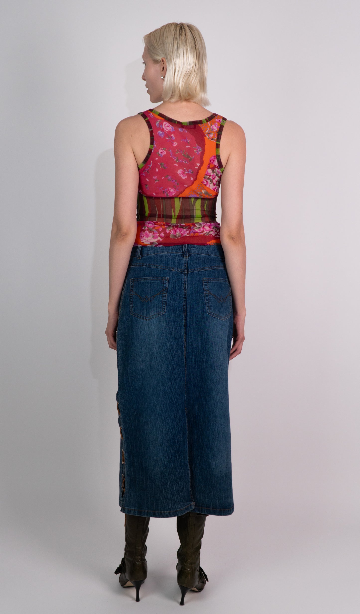 Denim Maxi Skirt With Lace Up Side Details