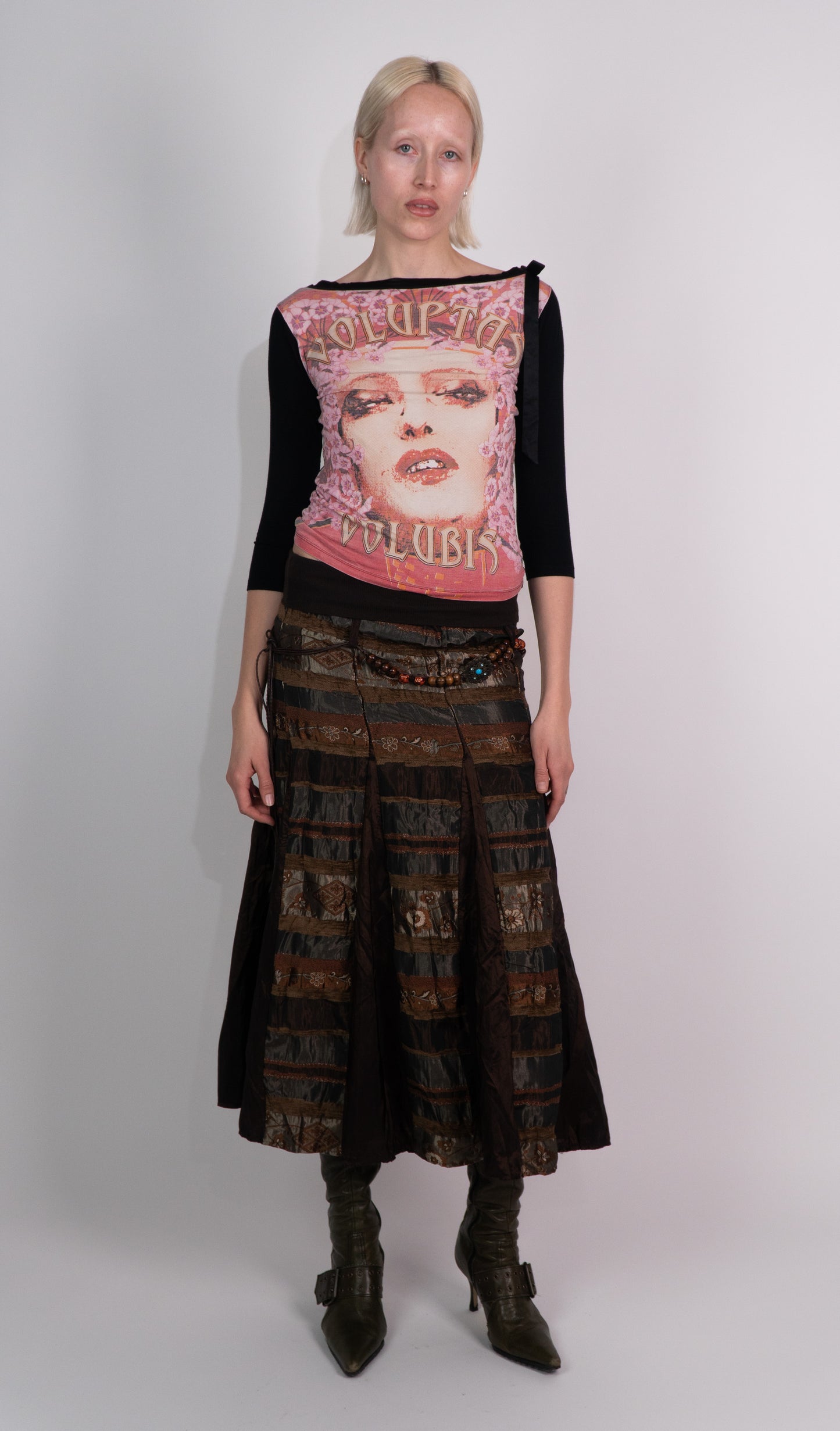 Brown Floral Maxi Skirt with Beaded Belt