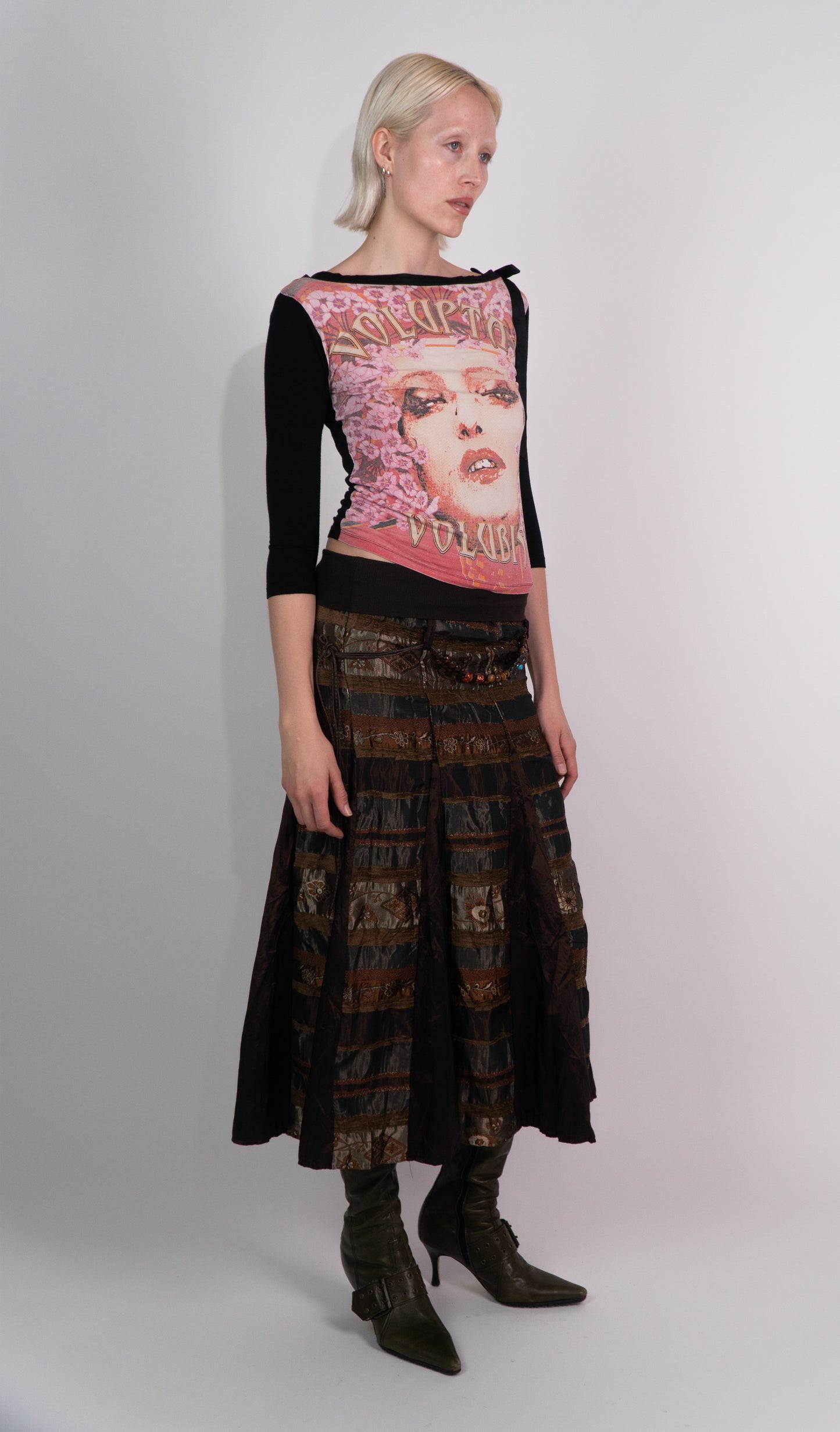 Brown Floral Maxi Skirt with Beaded Belt