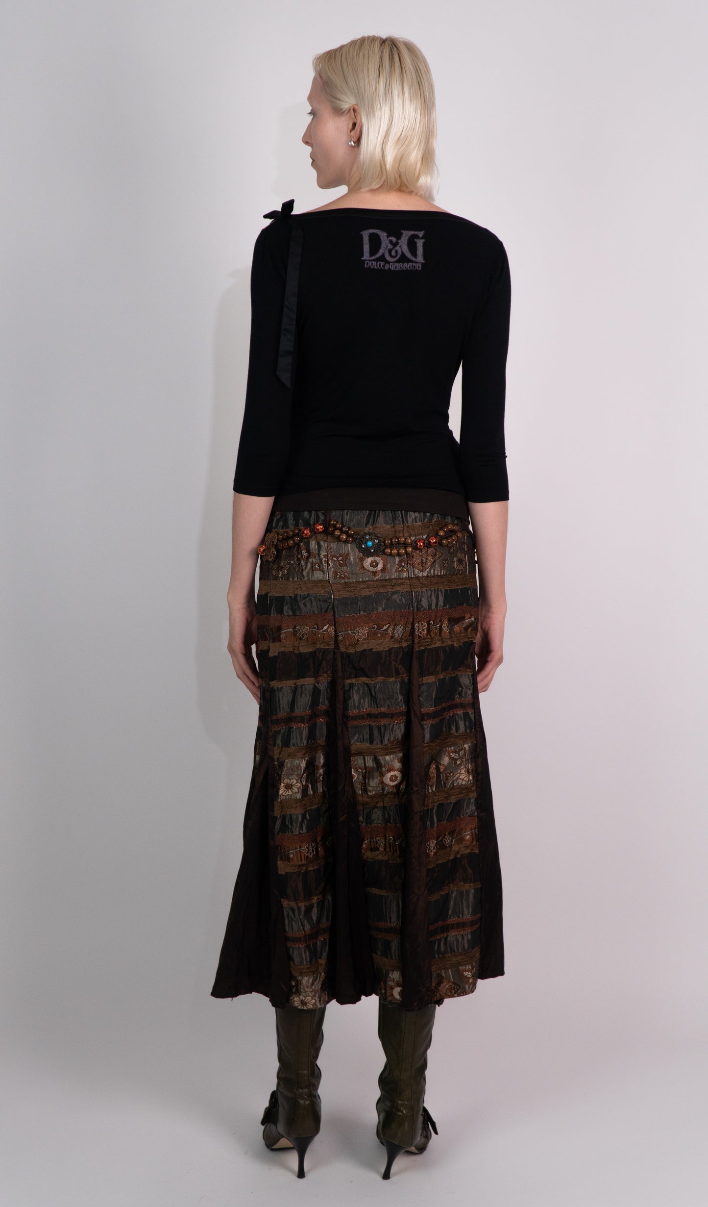 Brown Floral Maxi Skirt with Beaded Belt