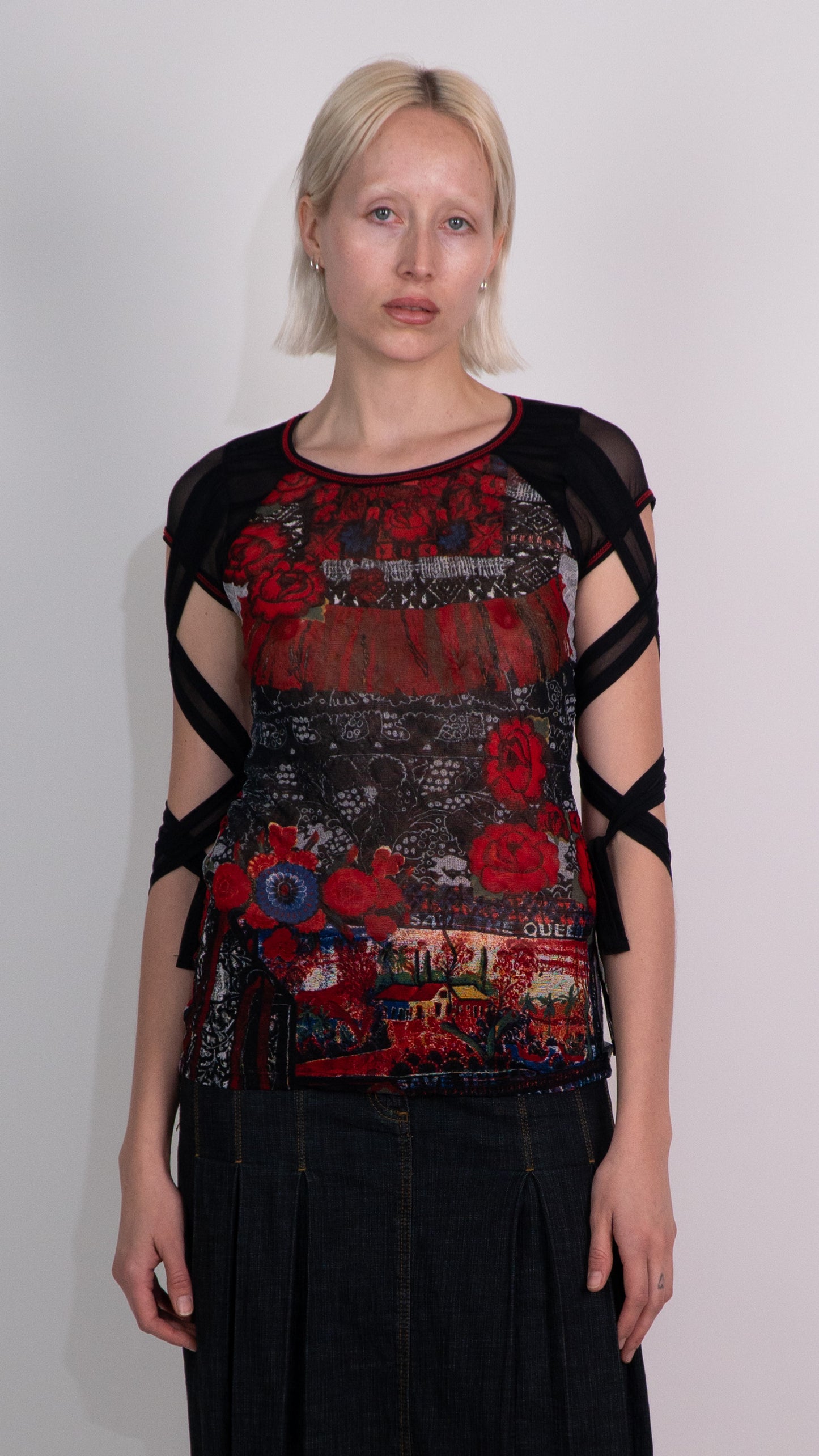 *Save The Queen!* Black and Red Floral Mesh Top