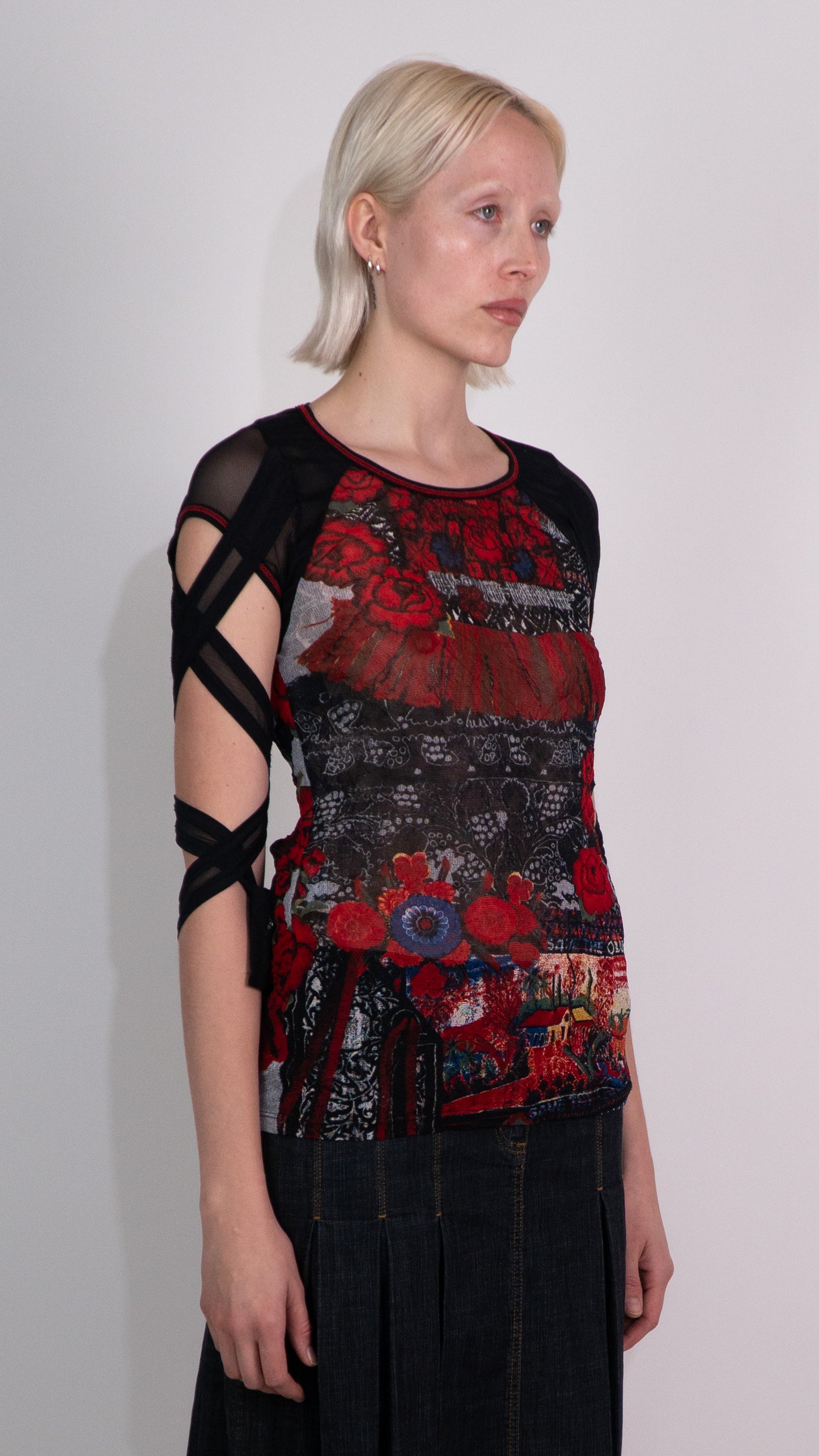 *Save The Queen!* Black and Red Floral Mesh Top