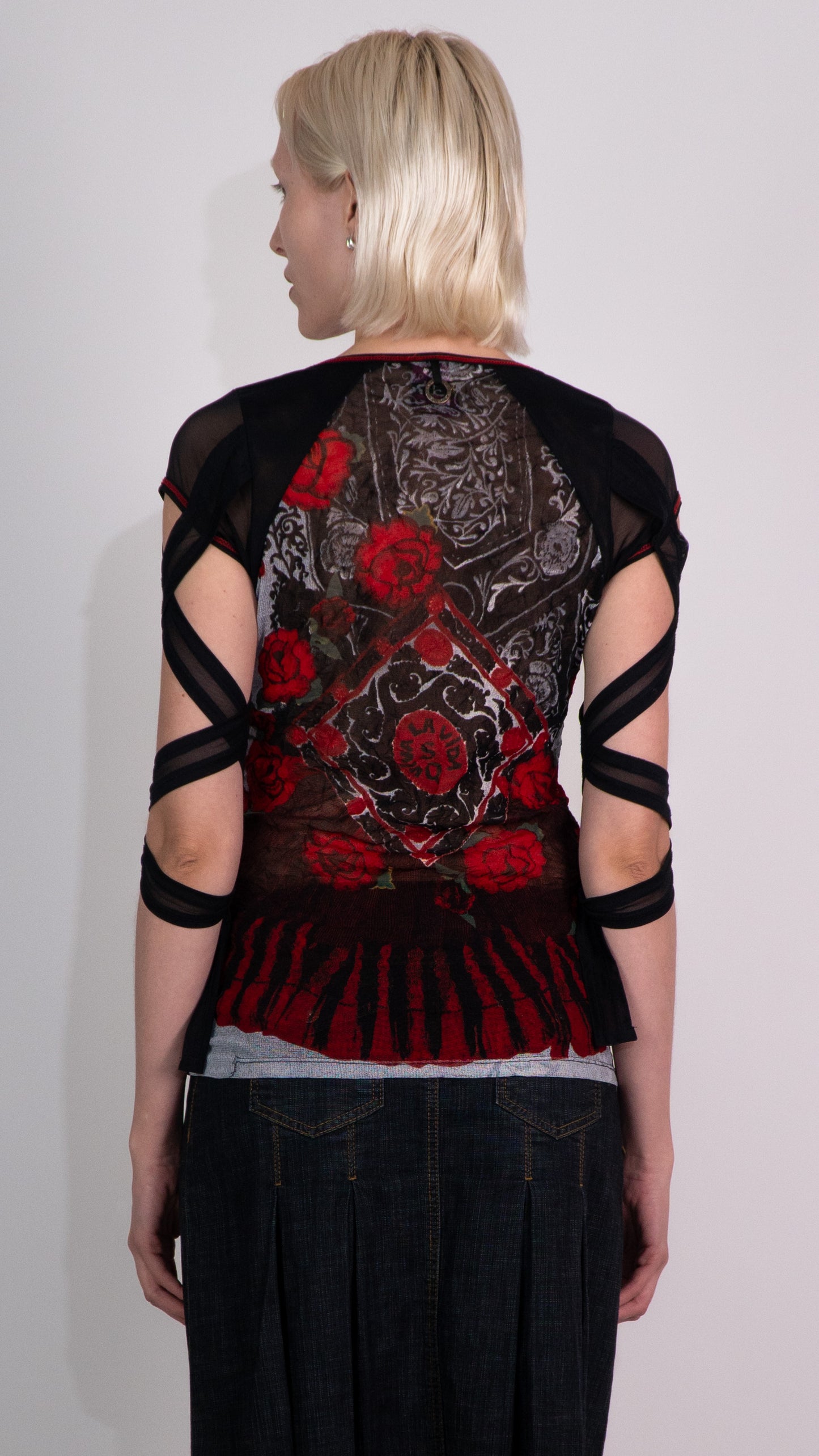 *Save The Queen!* Black and Red Floral Mesh Top