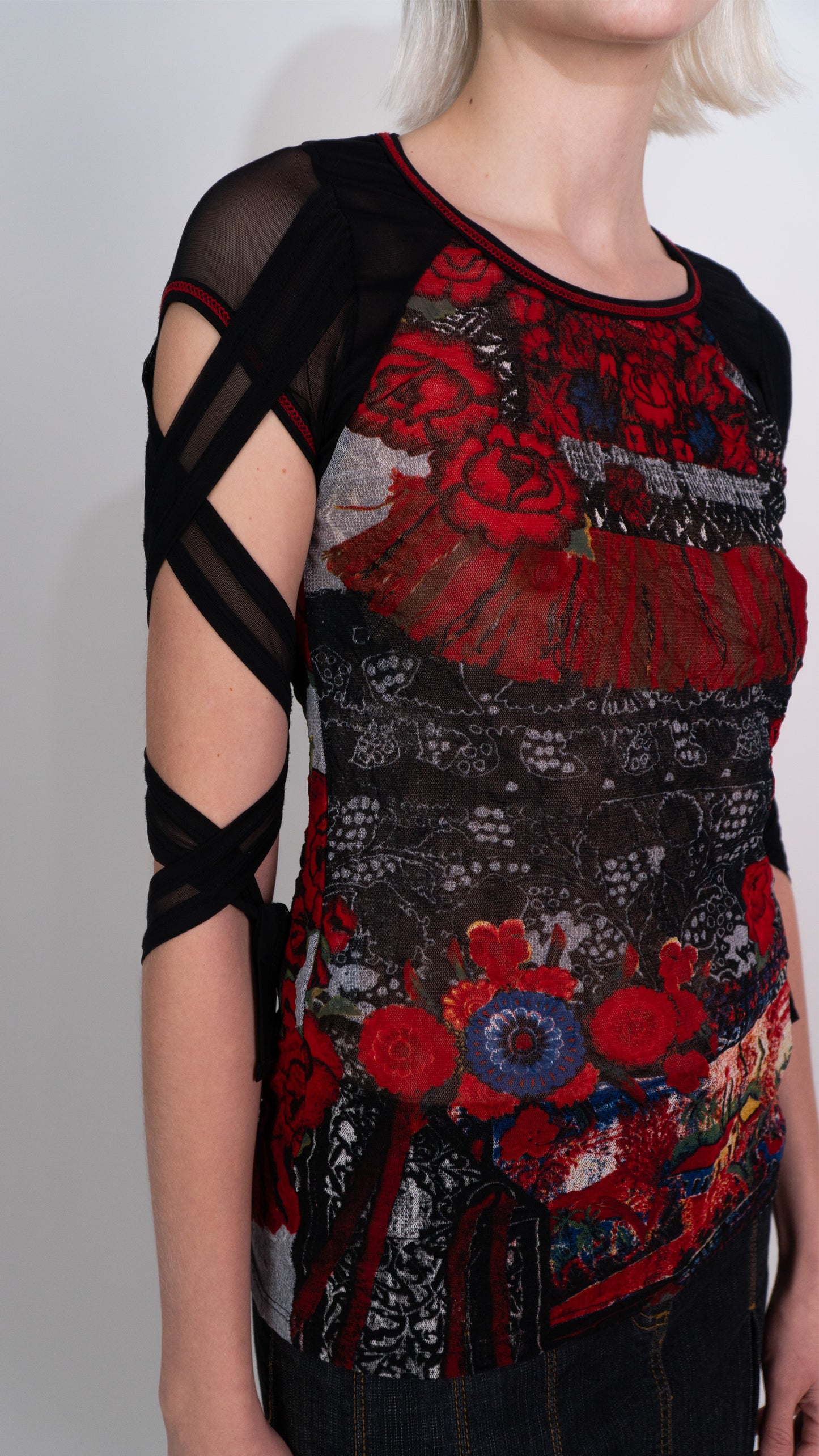 *Save The Queen!* Black and Red Floral Mesh Top