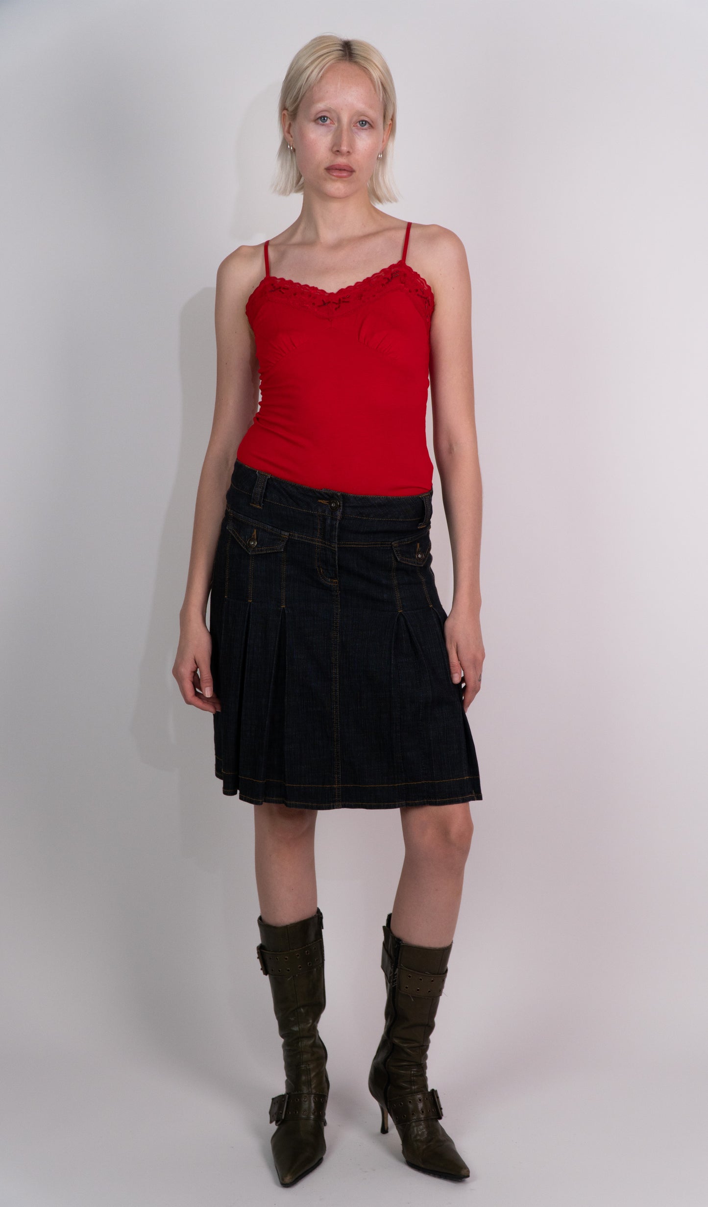 Pleated Denim Midi Skirt