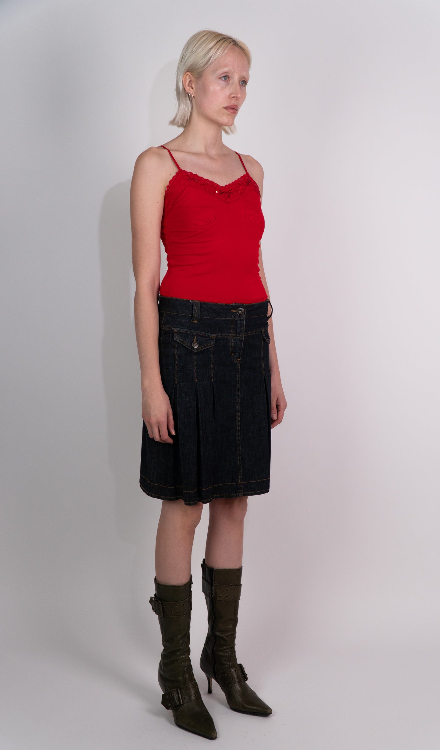 Pleated Denim Midi Skirt