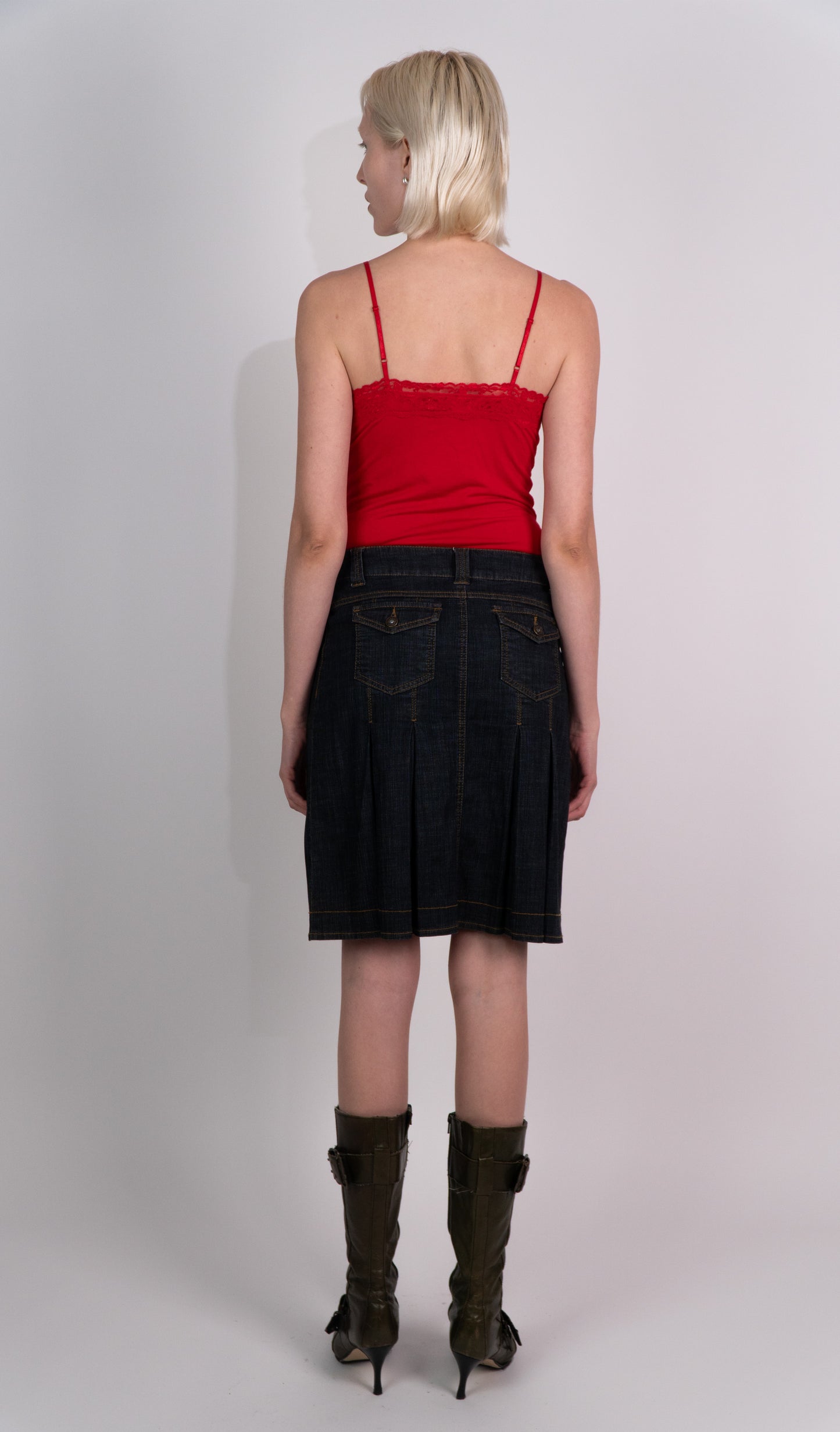 Pleated Denim Midi Skirt