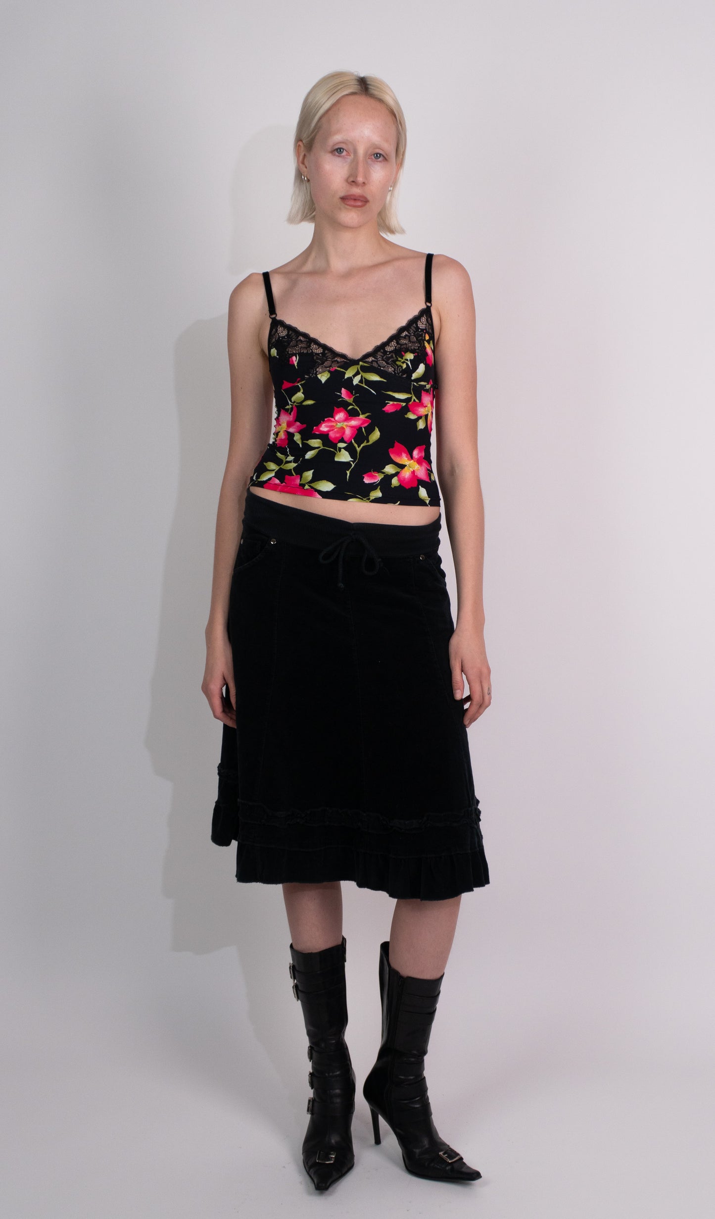 Black Velour Midi Skirt with 2 Frontal Pockets