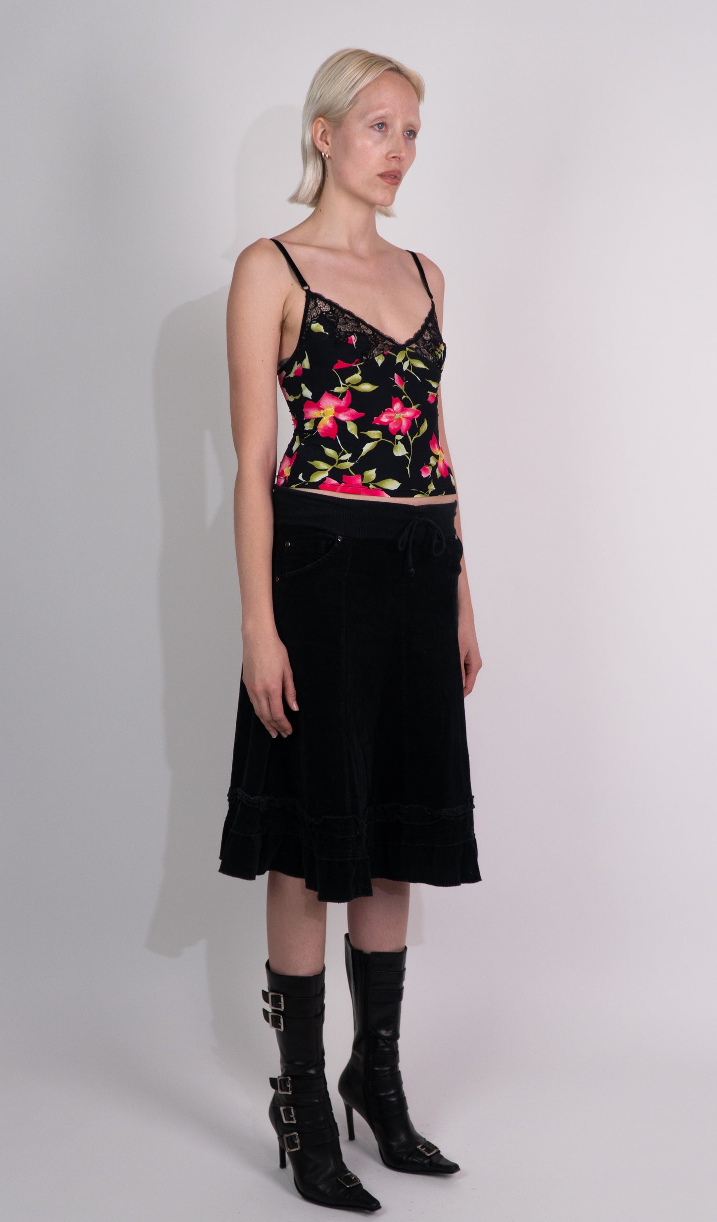 Black Velour Midi Skirt with 2 Frontal Pockets