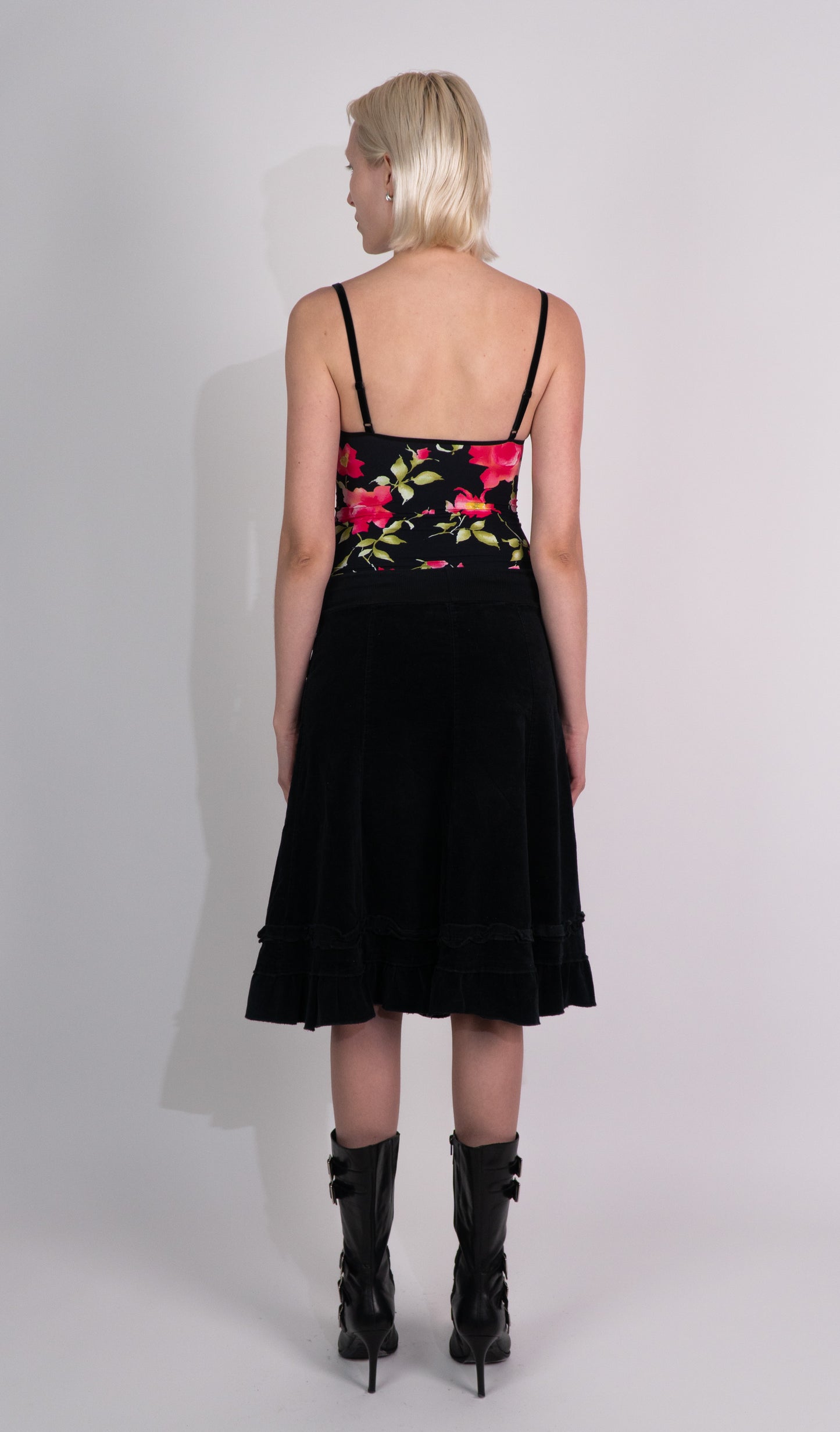 Black Velour Midi Skirt with 2 Frontal Pockets