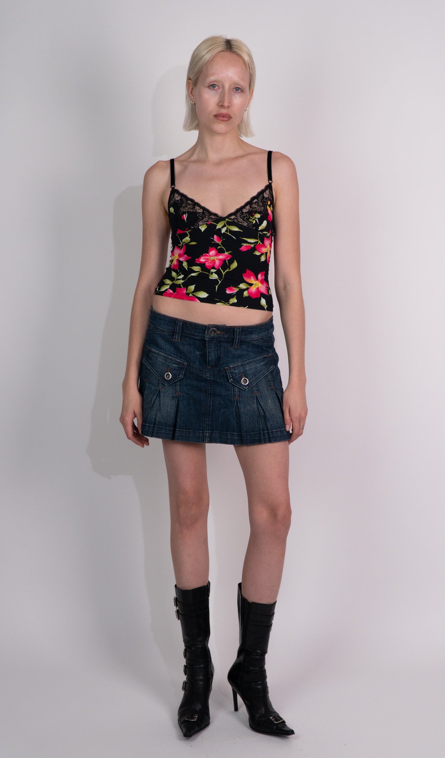 Denim Pleated Mini Skirt