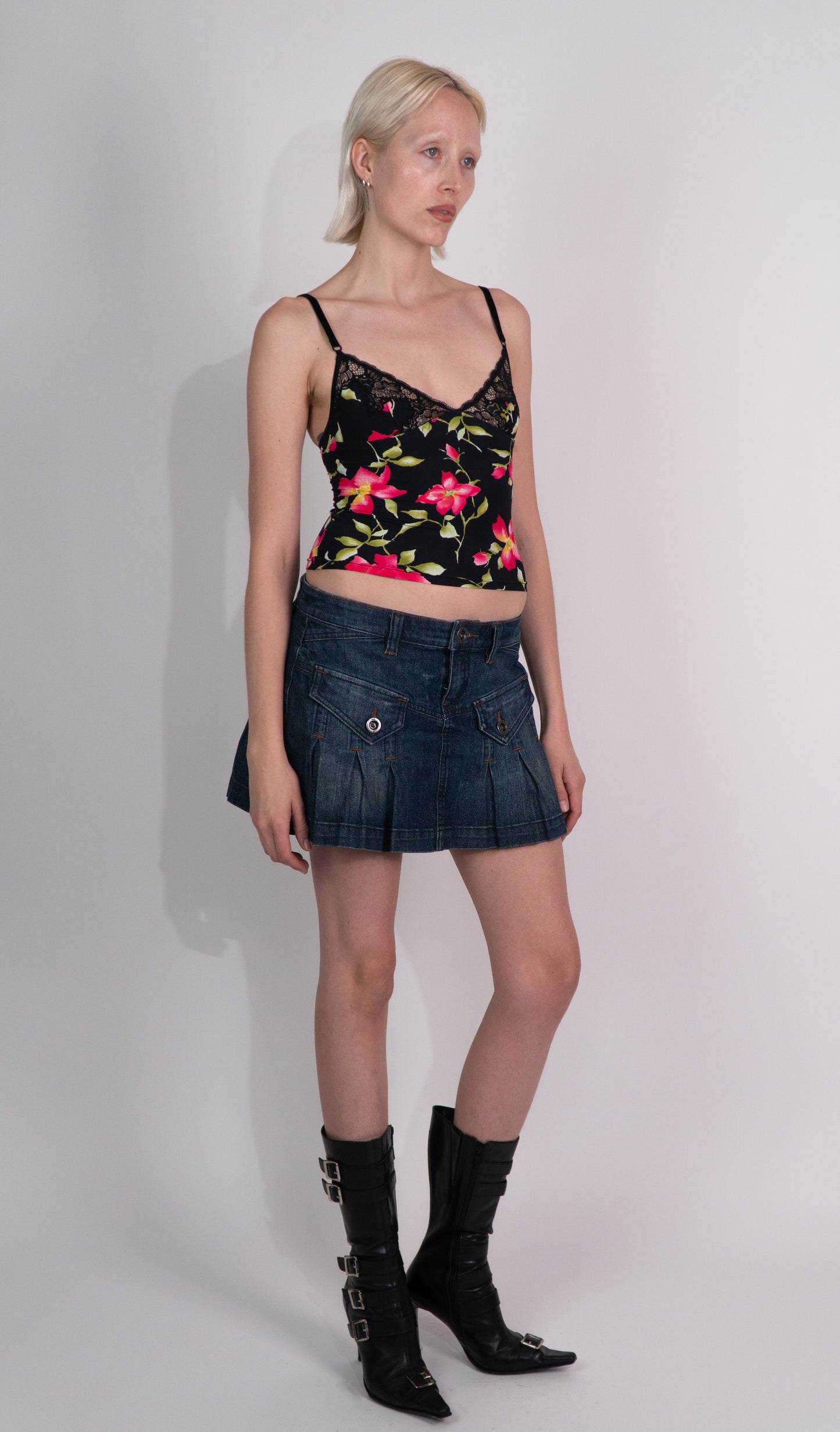 Denim Pleated Mini Skirt