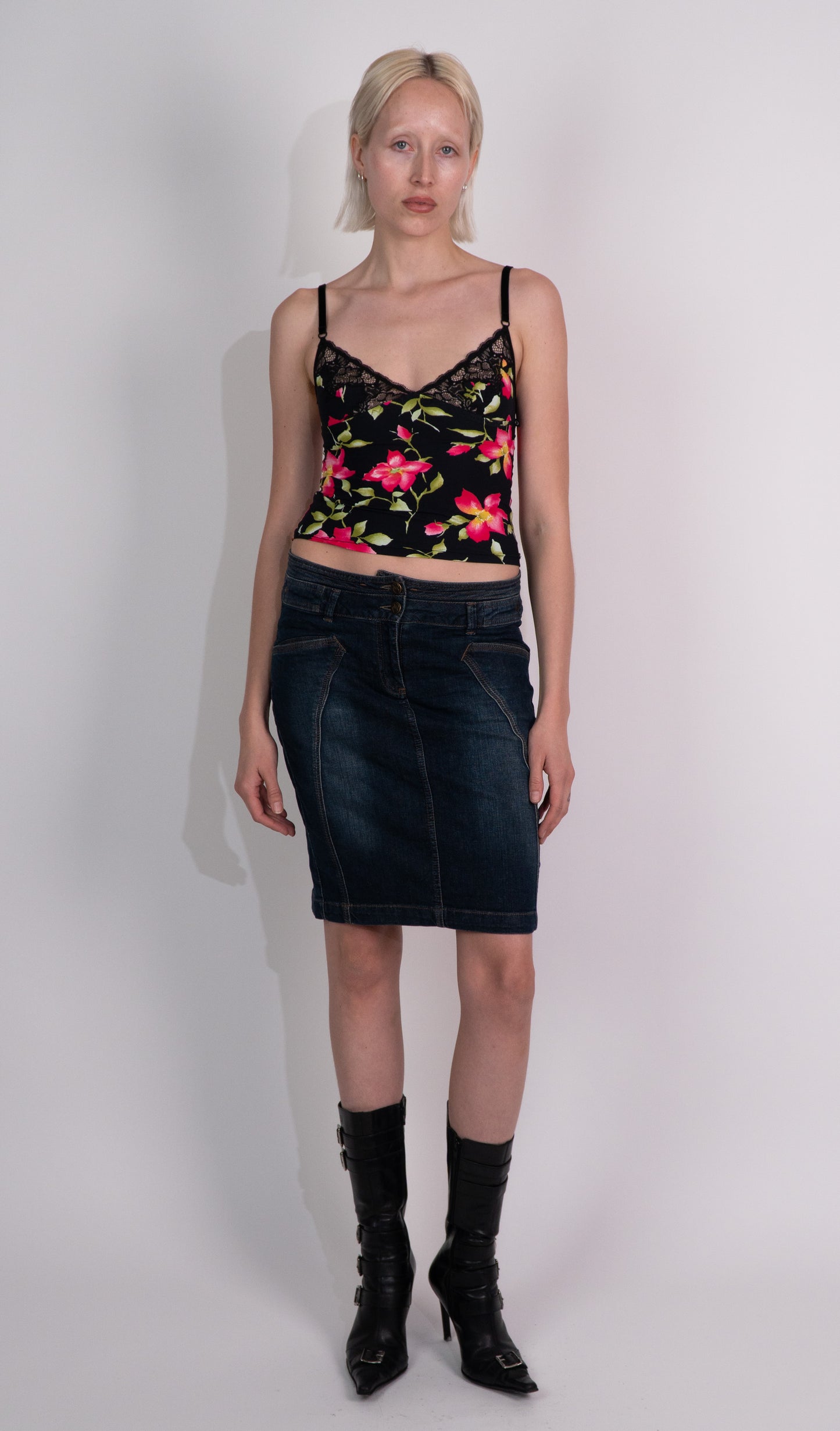 Denim Fitted Midi Skirt