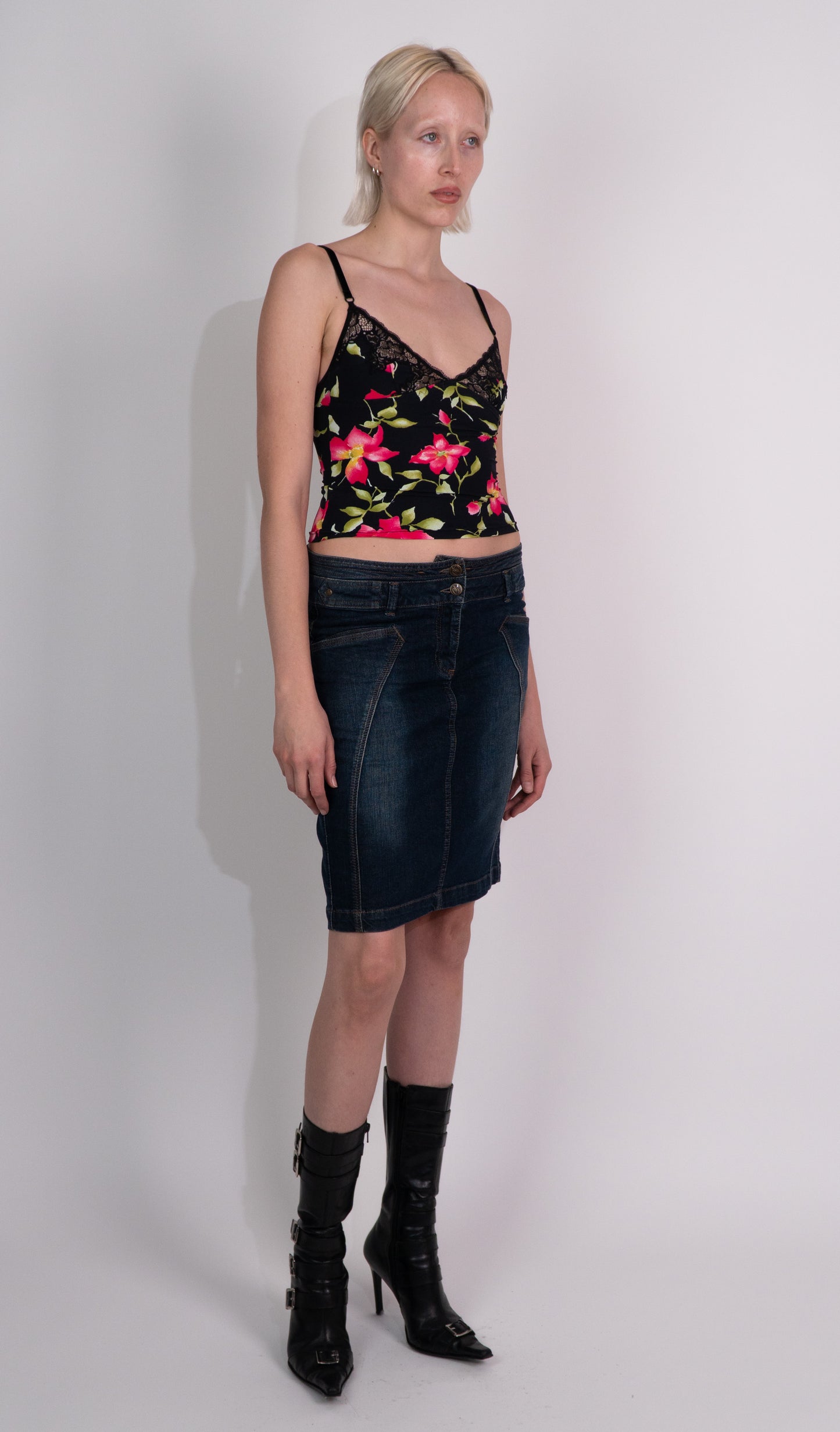 Denim Fitted Midi Skirt