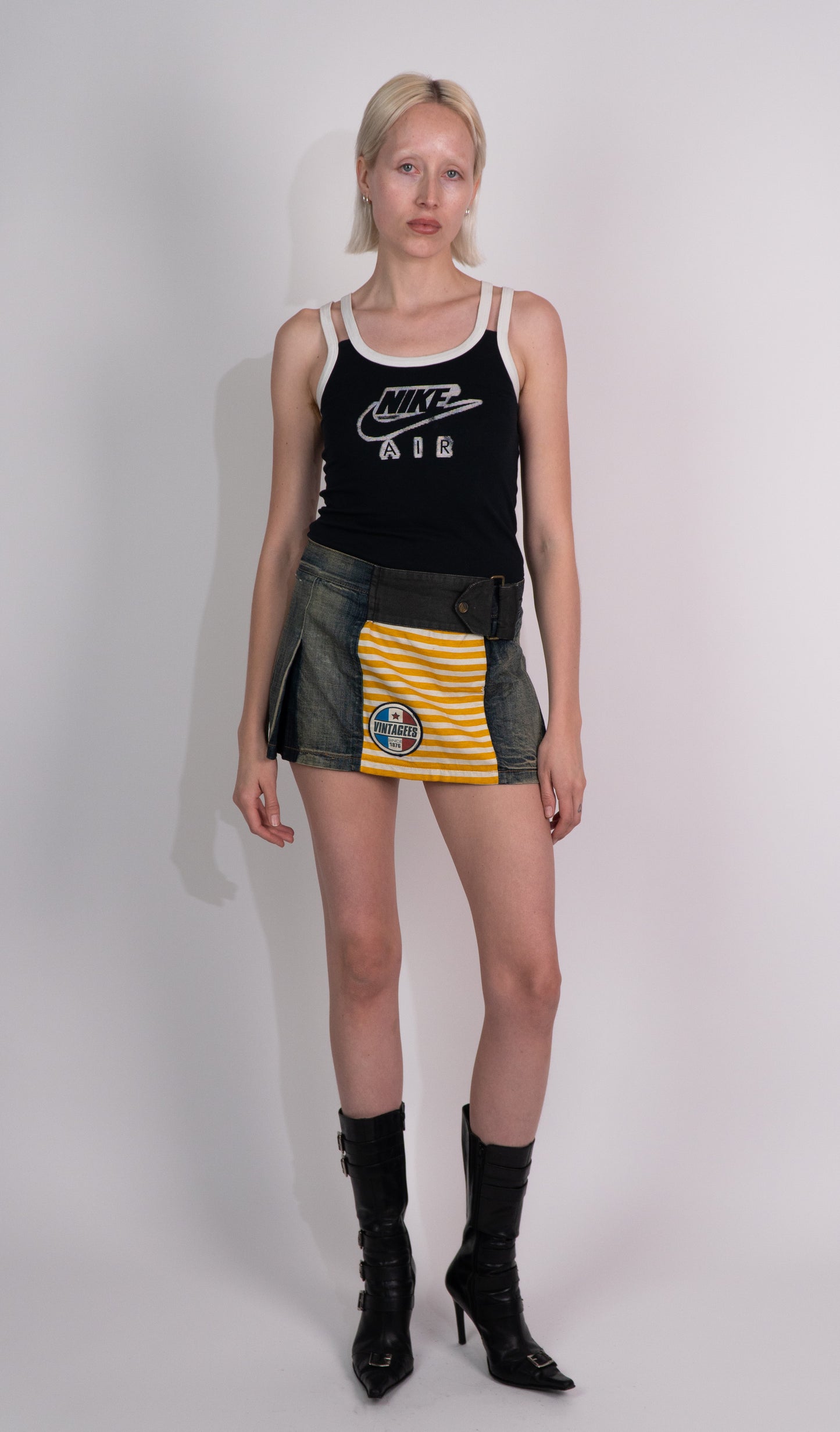 Denim Pleated Mini Skirt with Belt Buckle