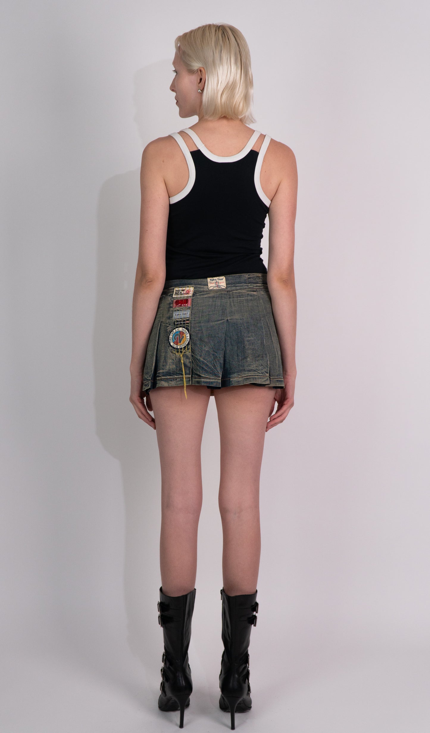Denim Pleated Mini Skirt with Belt Buckle