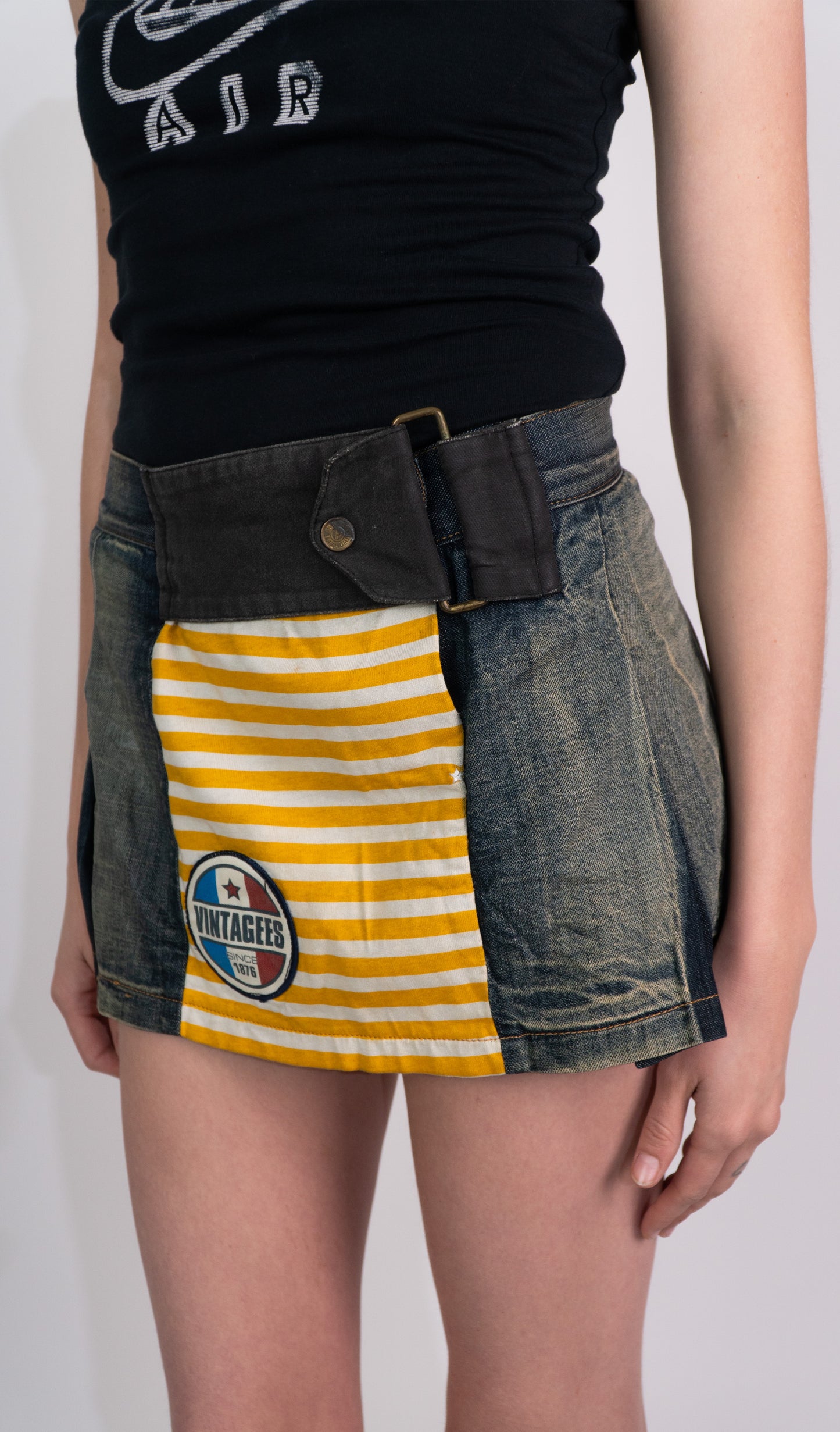 Denim Pleated Mini Skirt with Belt Buckle