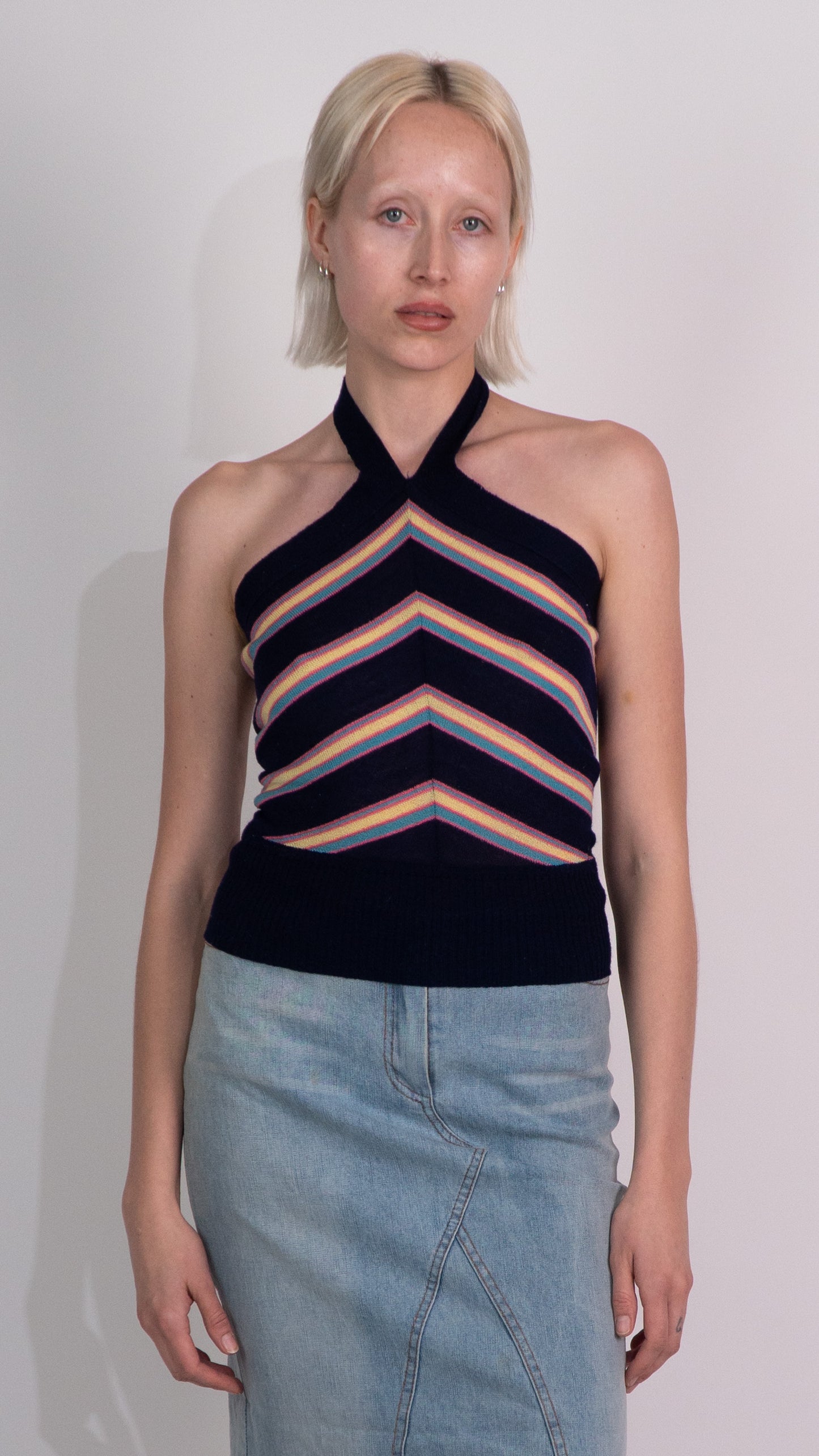 Black Halter Neck Top With Coloured Stripes