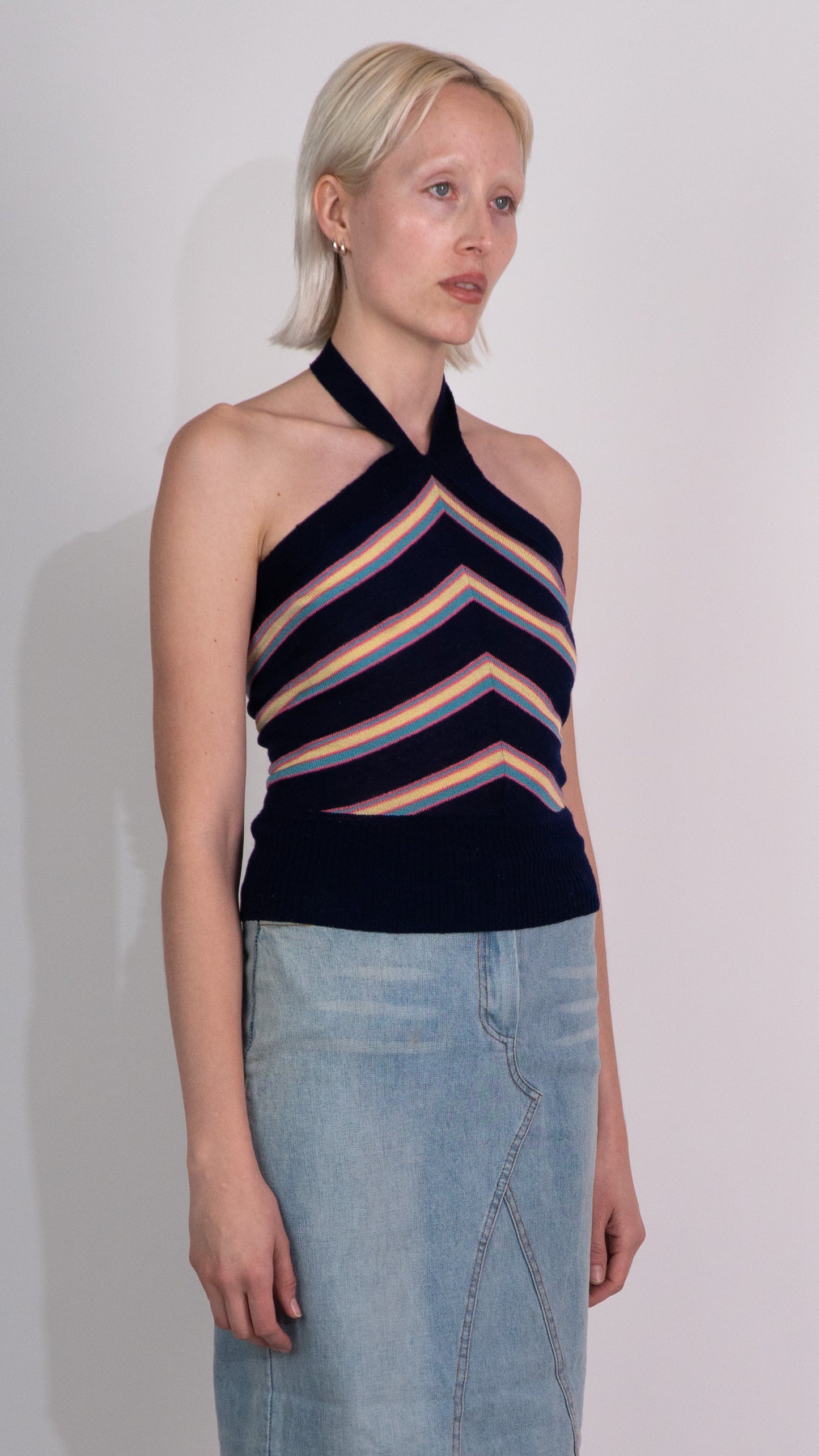 Black Halter Neck Top With Coloured Stripes