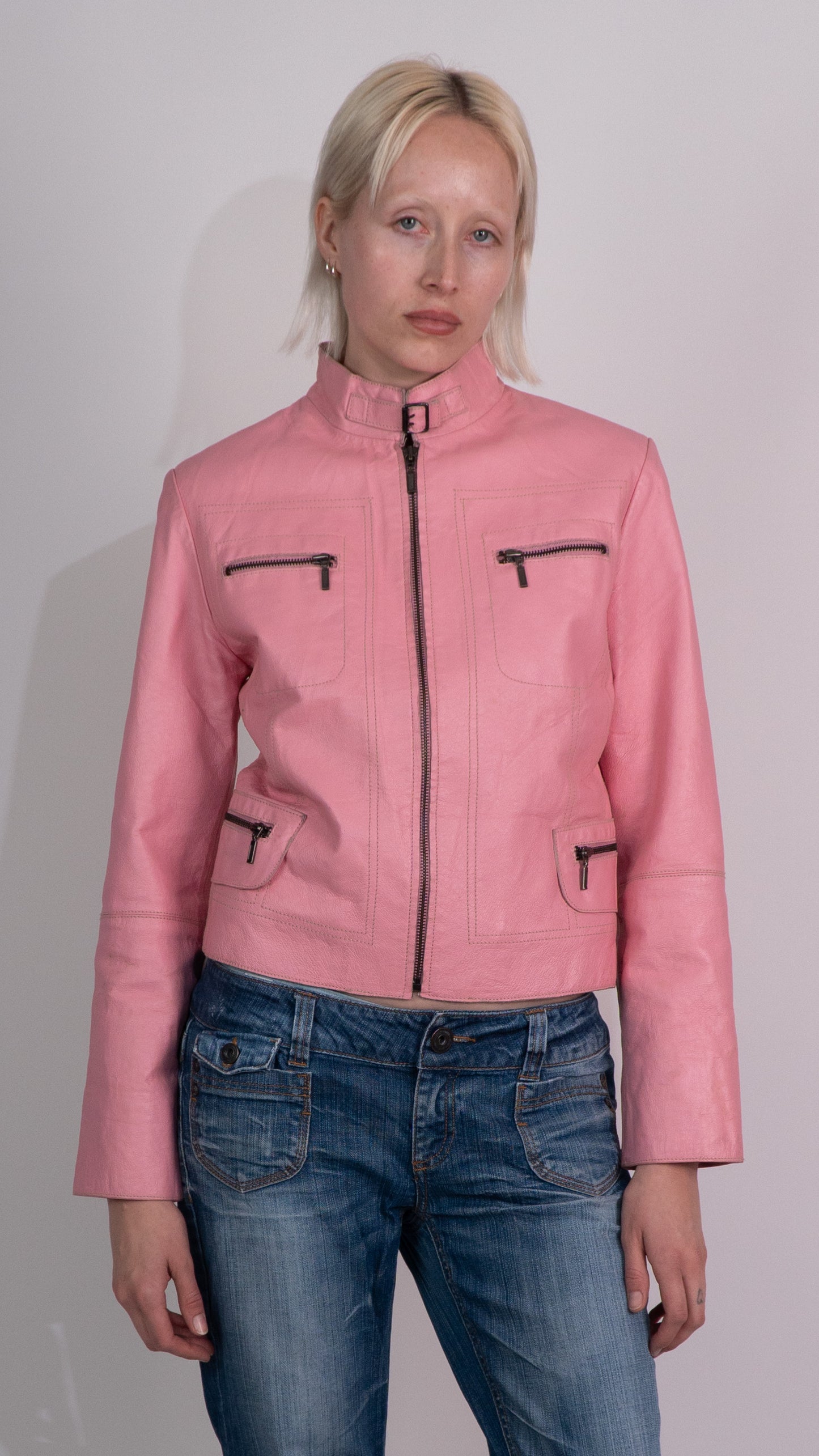 View Vintage Pink Leather Zip Up Jacket