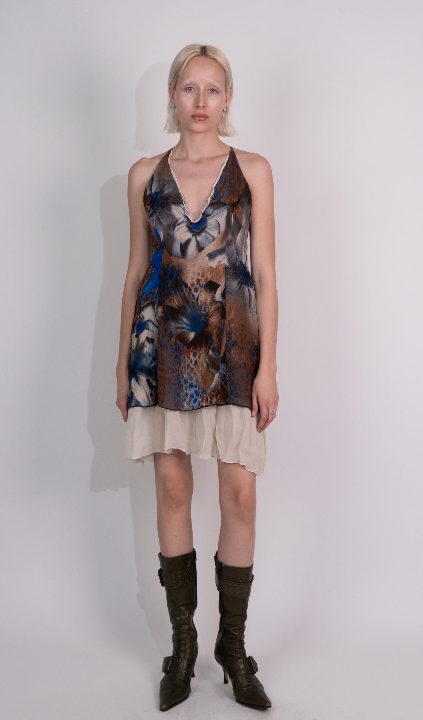 Brown and Blue Floral Leopard Print Slip Dress