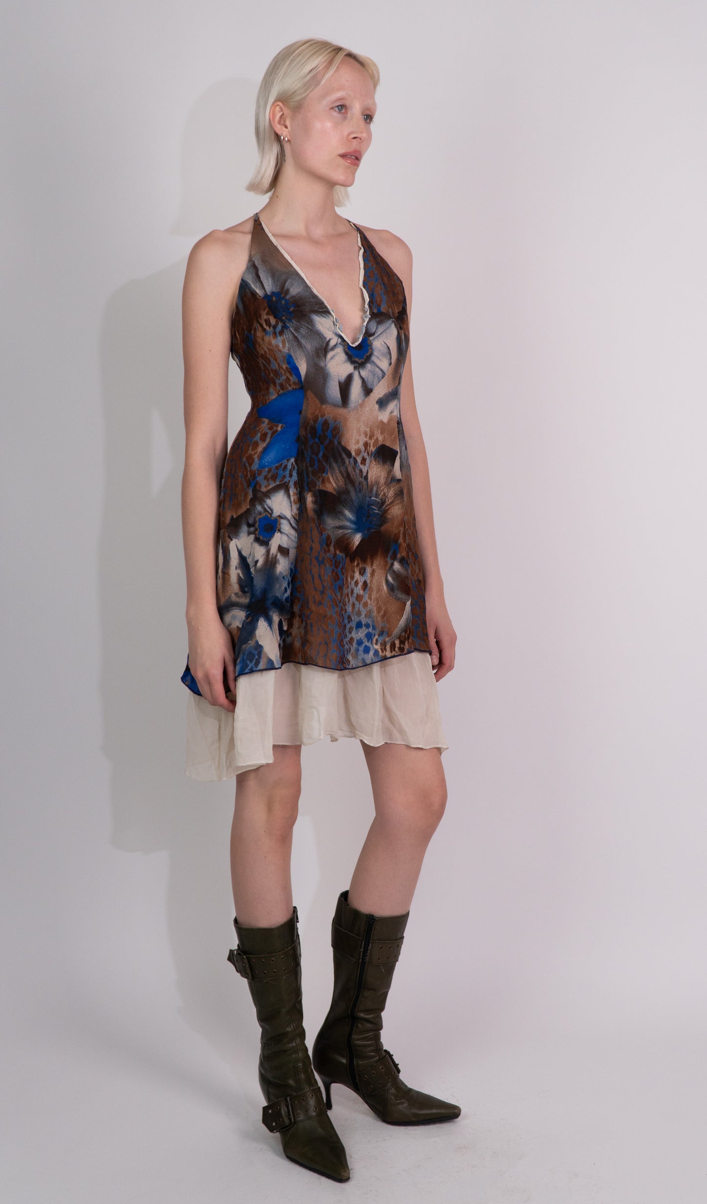 Brown and Blue Floral Leopard Print Slip Dress