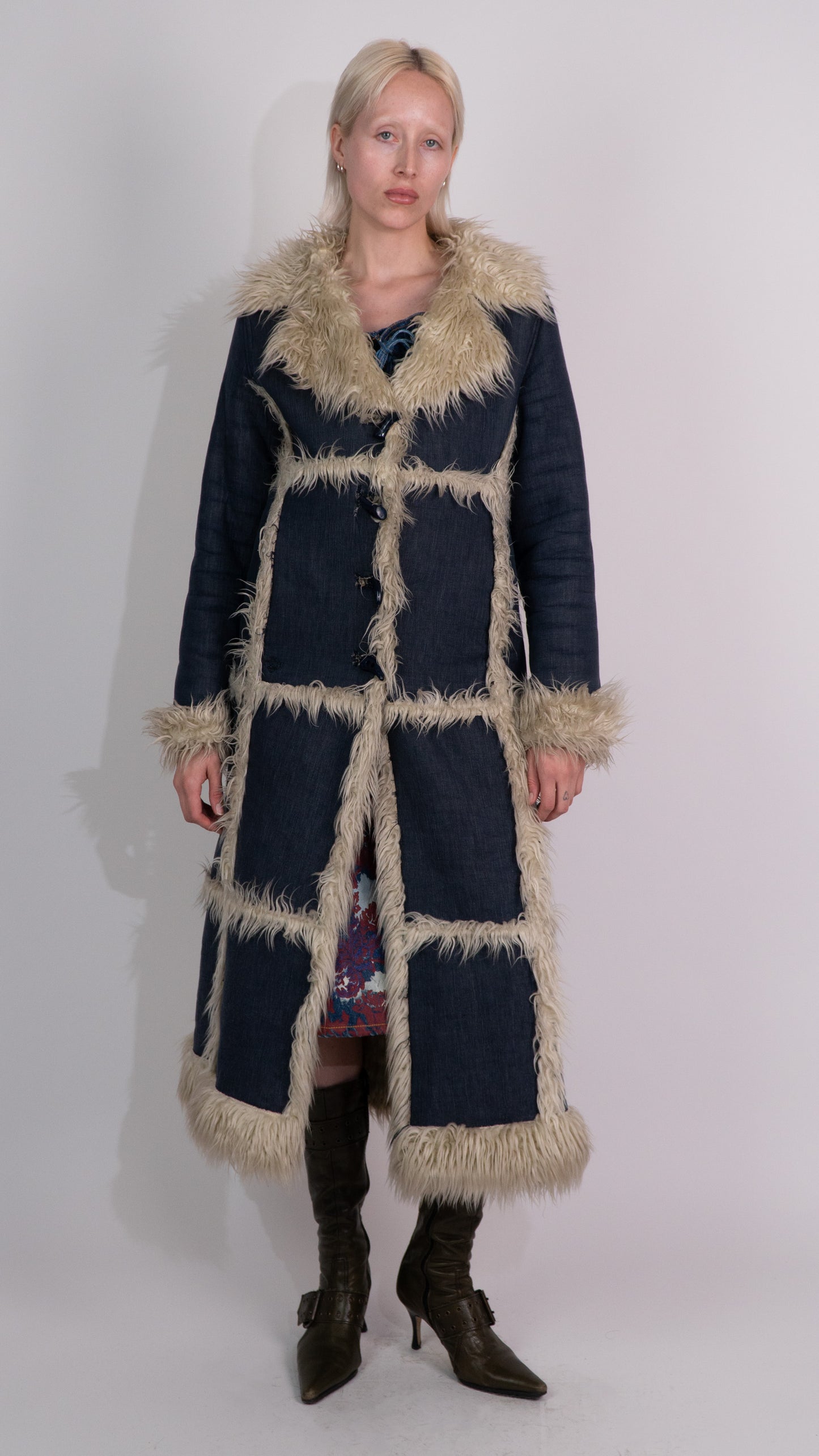 Vintage Afghan Denim Coat With Faux Fur Lining