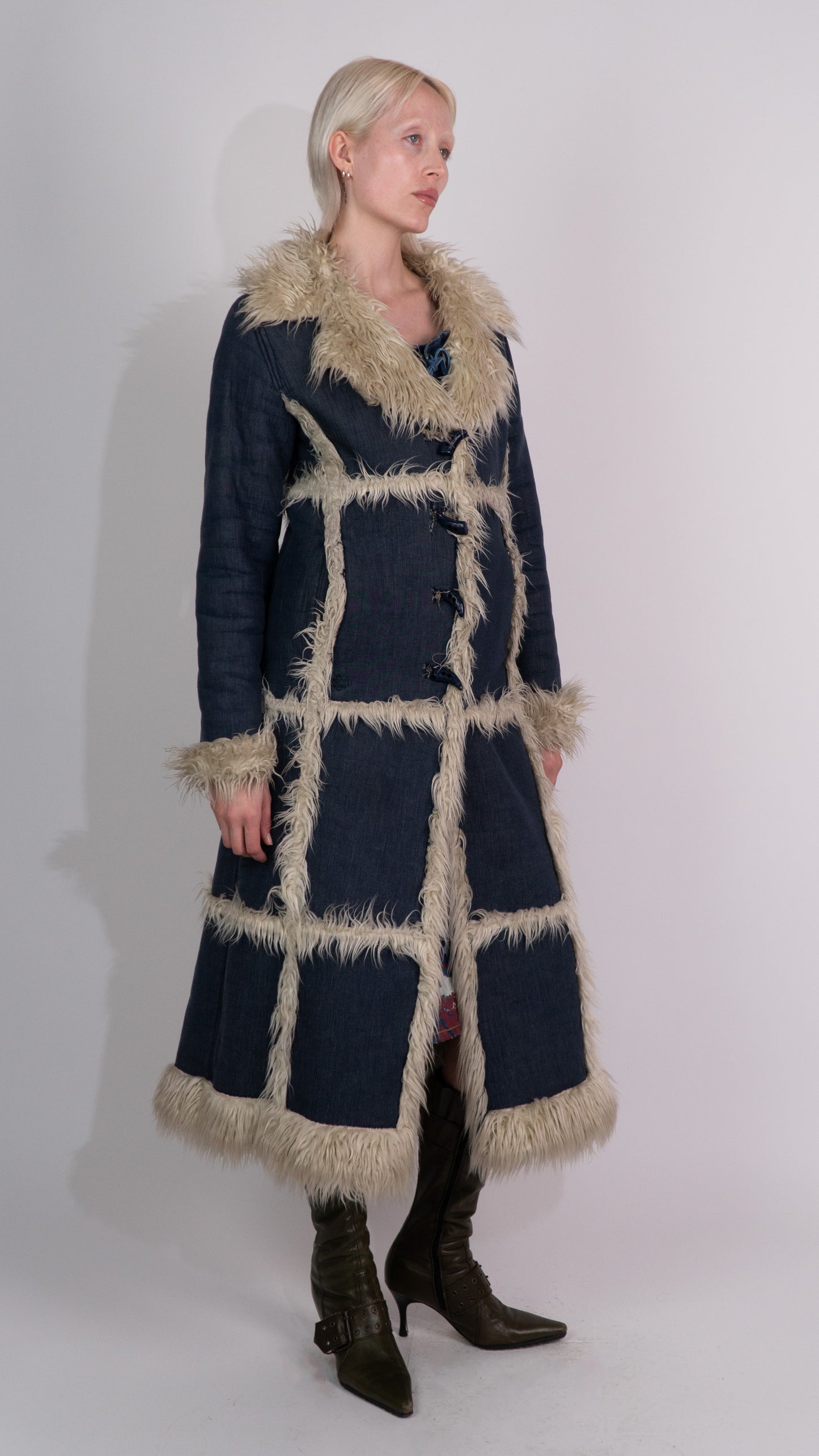 Vintage Afghan Denim Coat With Faux Fur Lining