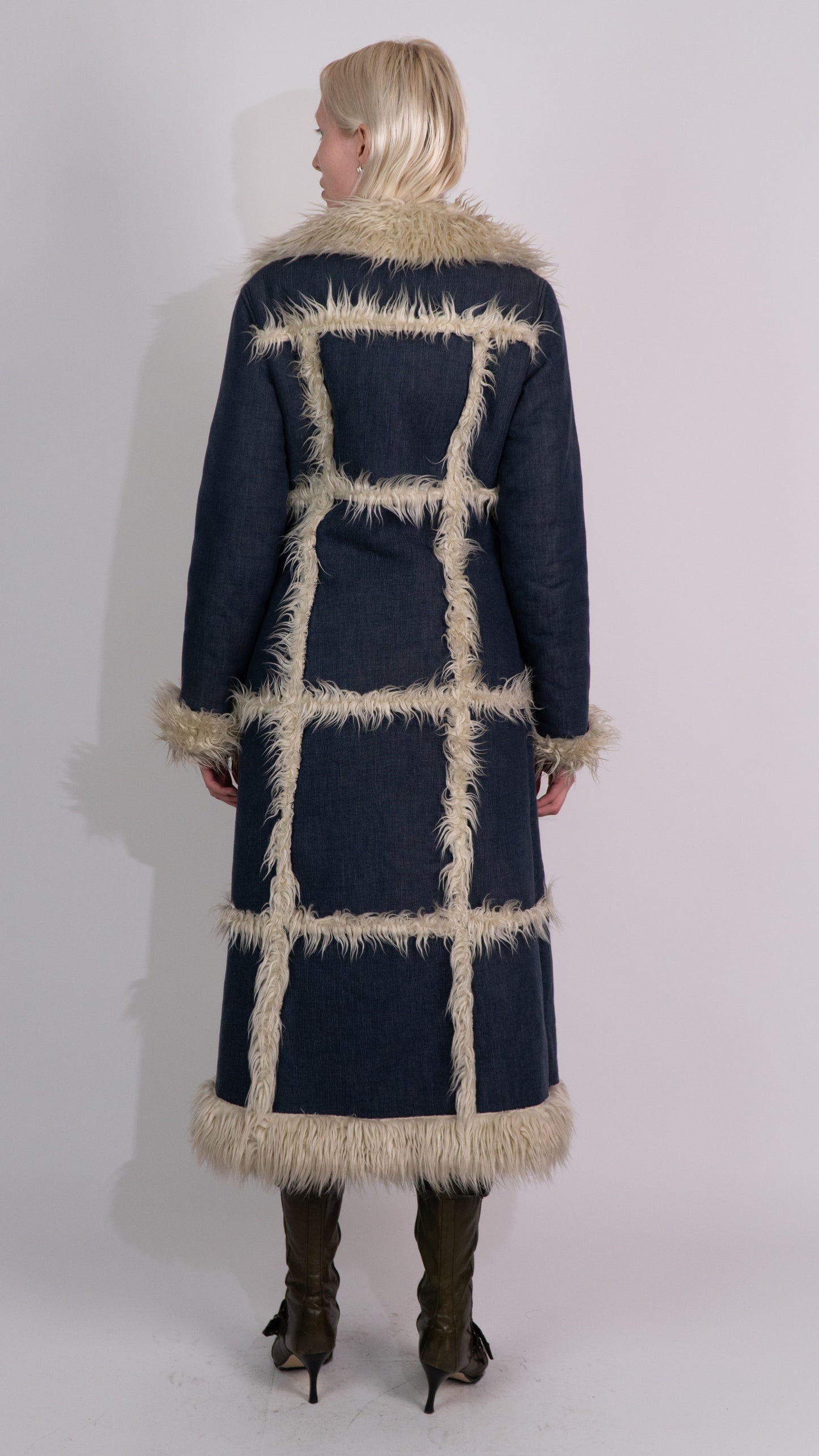 Vintage Afghan Denim Coat With Faux Fur Lining