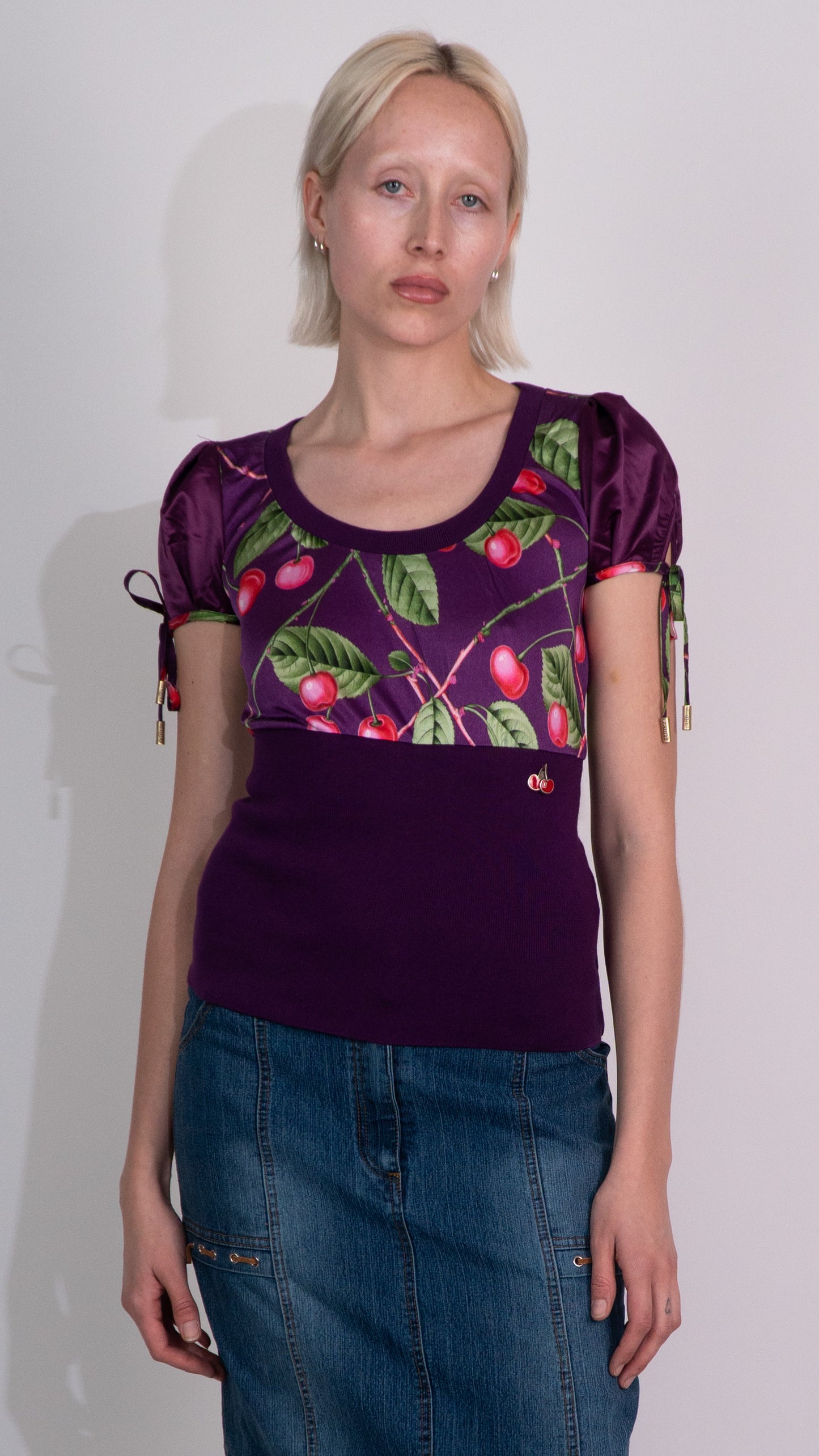 Galliano 2005 Purple Cherry Print Silk Short Sleeve Top