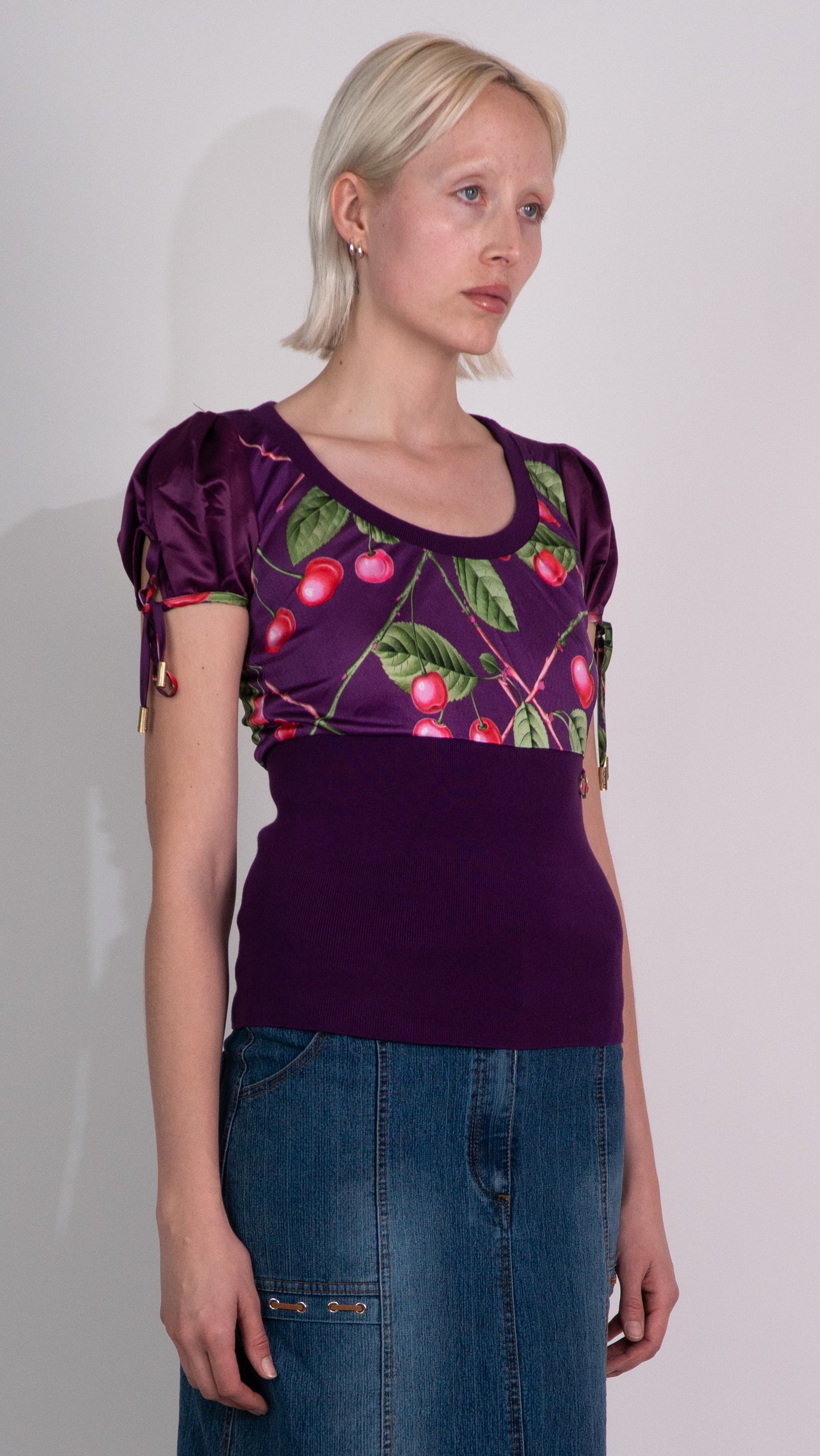 Galliano 2005 Purple Cherry Print Silk Short Sleeve Top