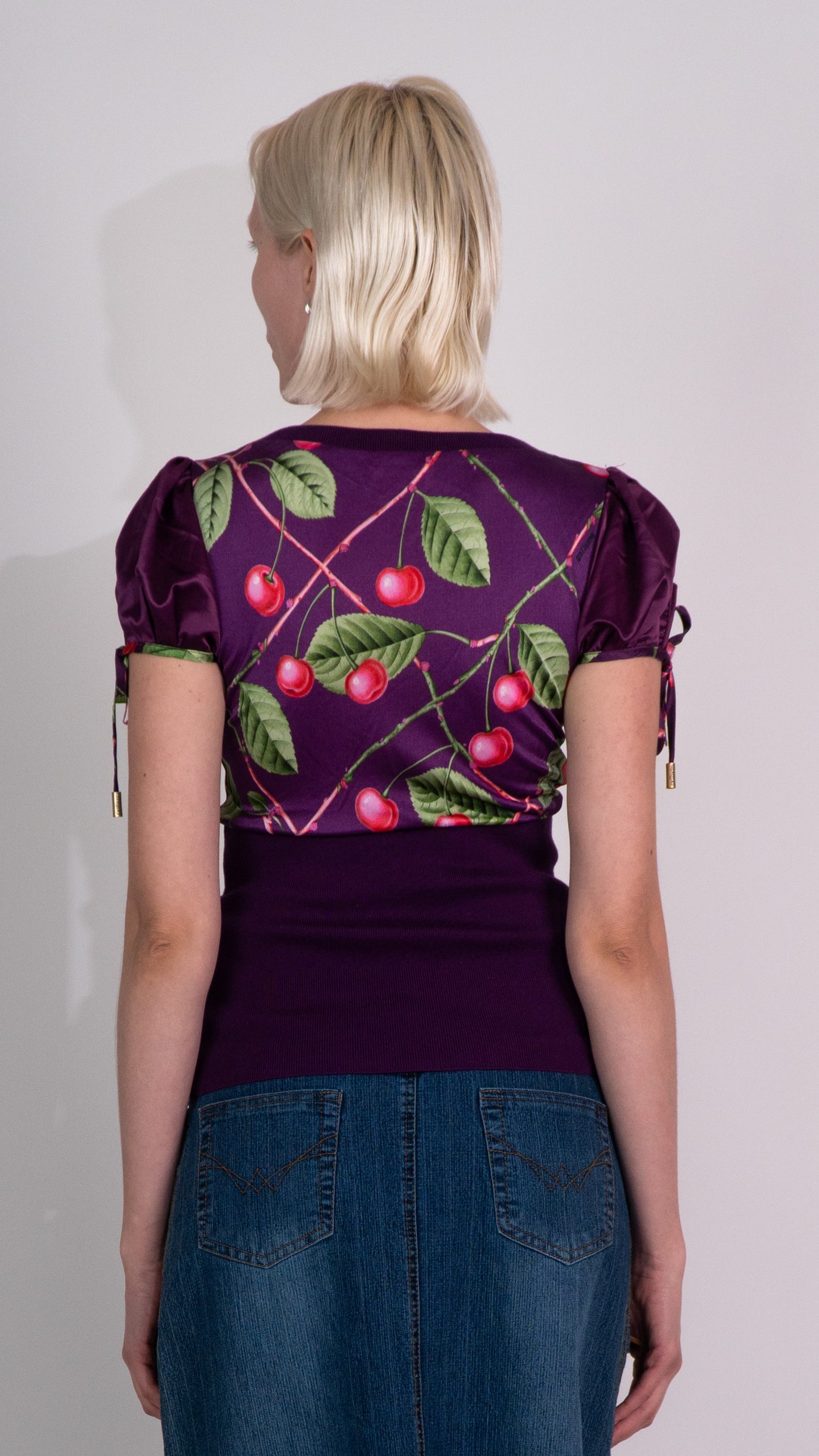 Galliano 2005 Purple Cherry Print Silk Short Sleeve Top