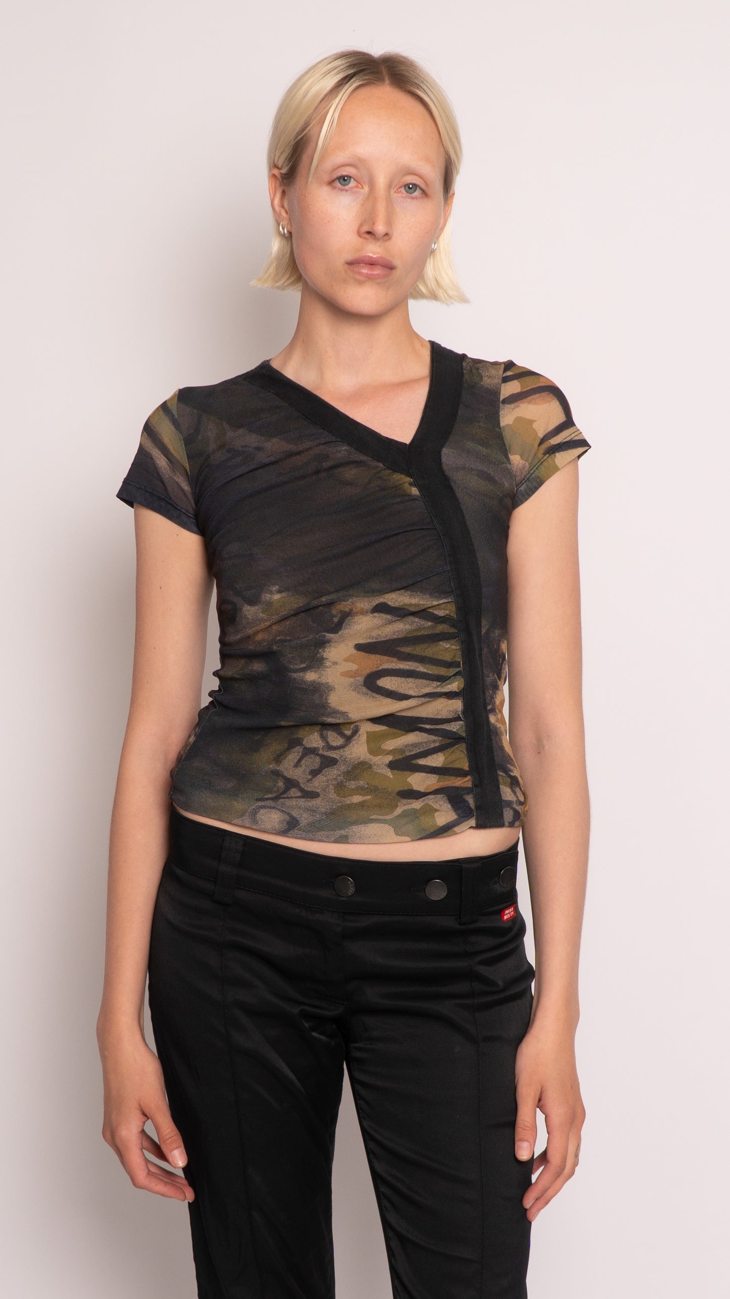 Morgan Asymmetrical Ruched Mesh Top