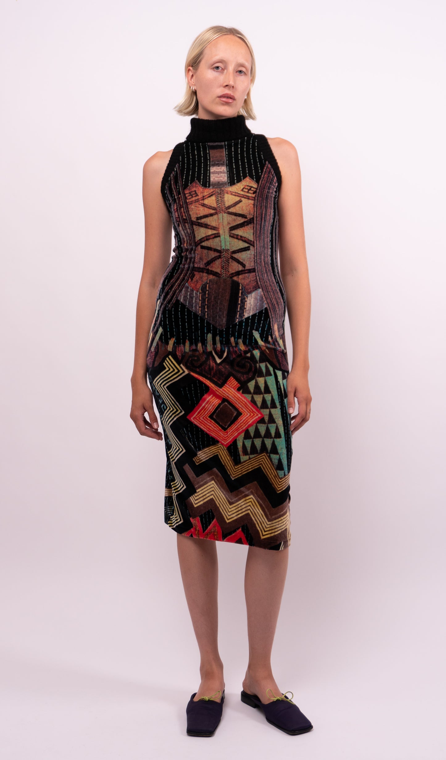 Legatte Jeans Fitted Tutleneck Printed Velvet Dress