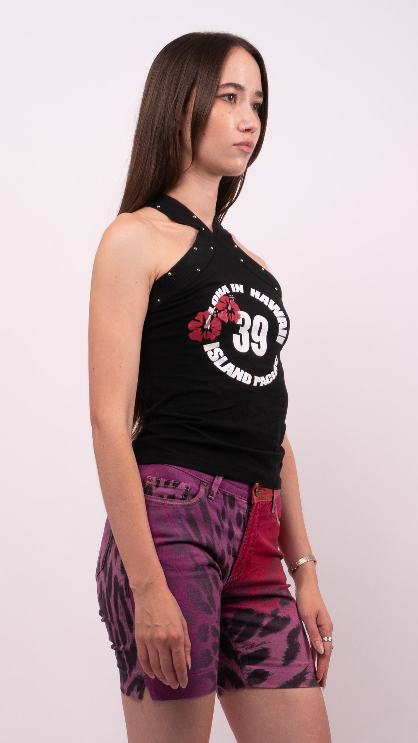 Denny Rose Twisted Studded Halter Neck Graphic Top
