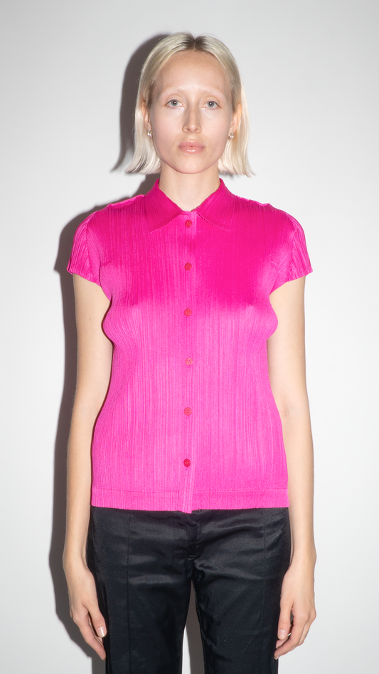 Issey Miyake Pleats Please Pink Short-Sleeve Button Up Shirt