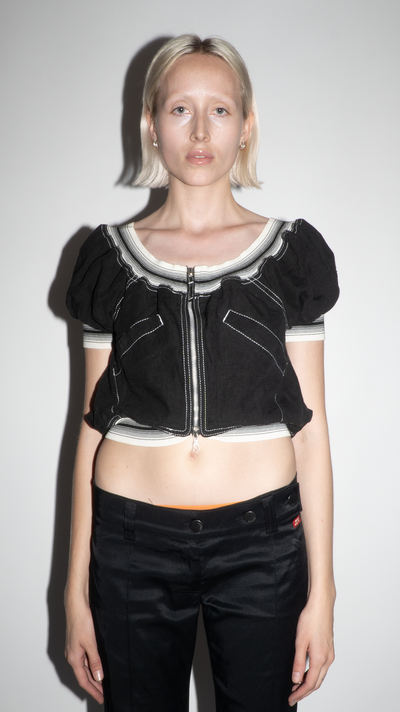 Jean Paul Gaultier Black/White Short-Sleeve Zip Up Crop Top