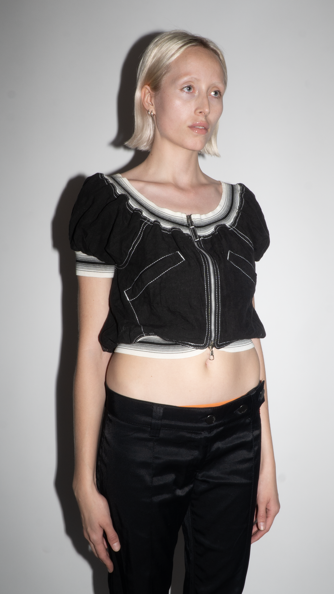 Jean Paul Gaultier Black/White Short-Sleeve Zip Up Crop Top