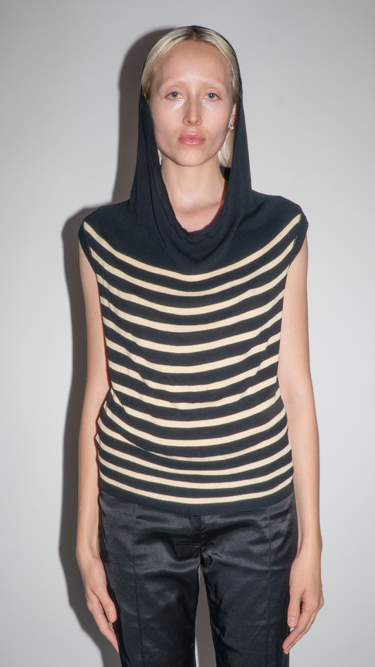 Jean Paul Gaultier Black and Beige Striped Hooded Top