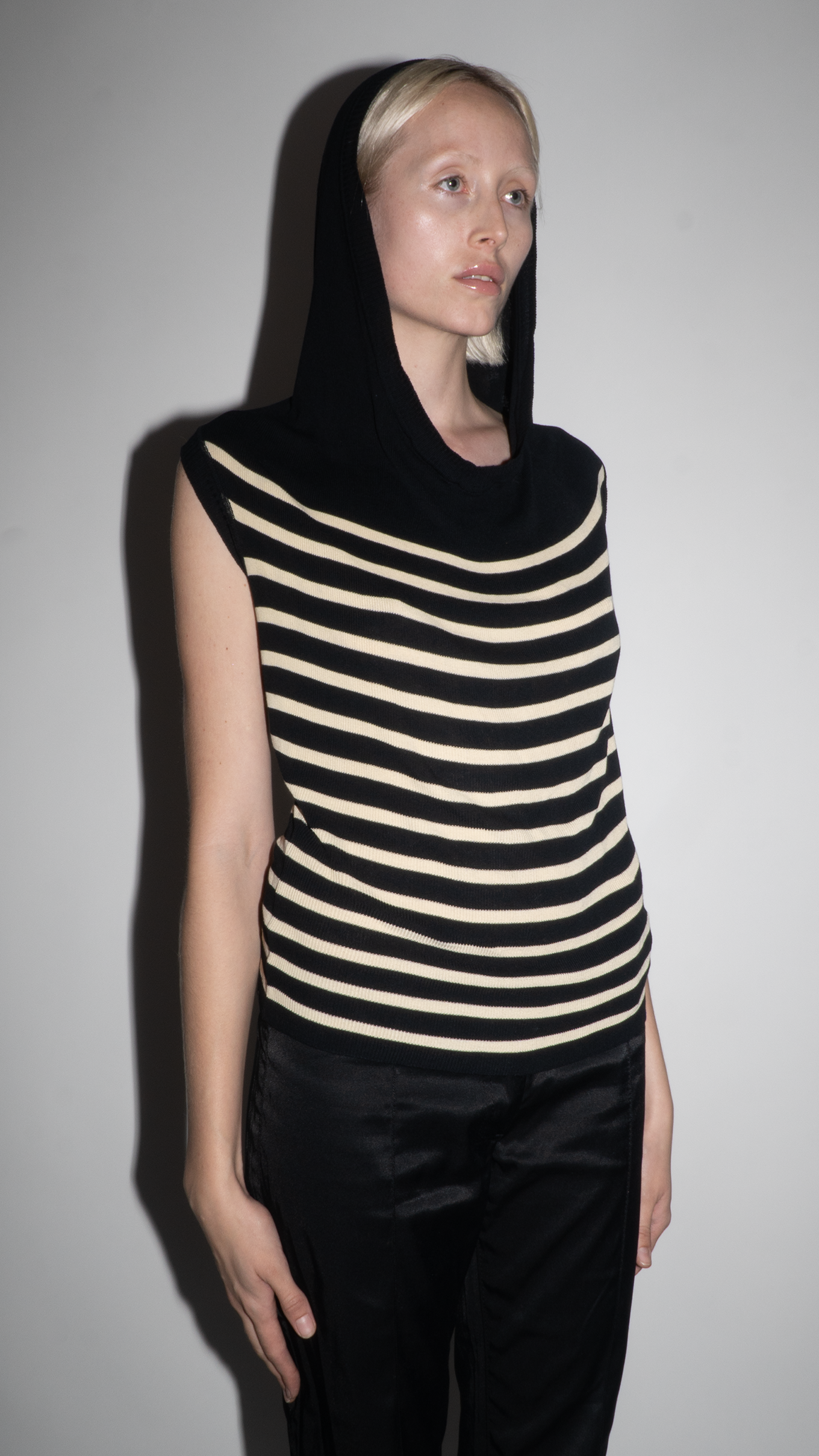 Jean Paul Gaultier Black and Beige Striped Hooded Top