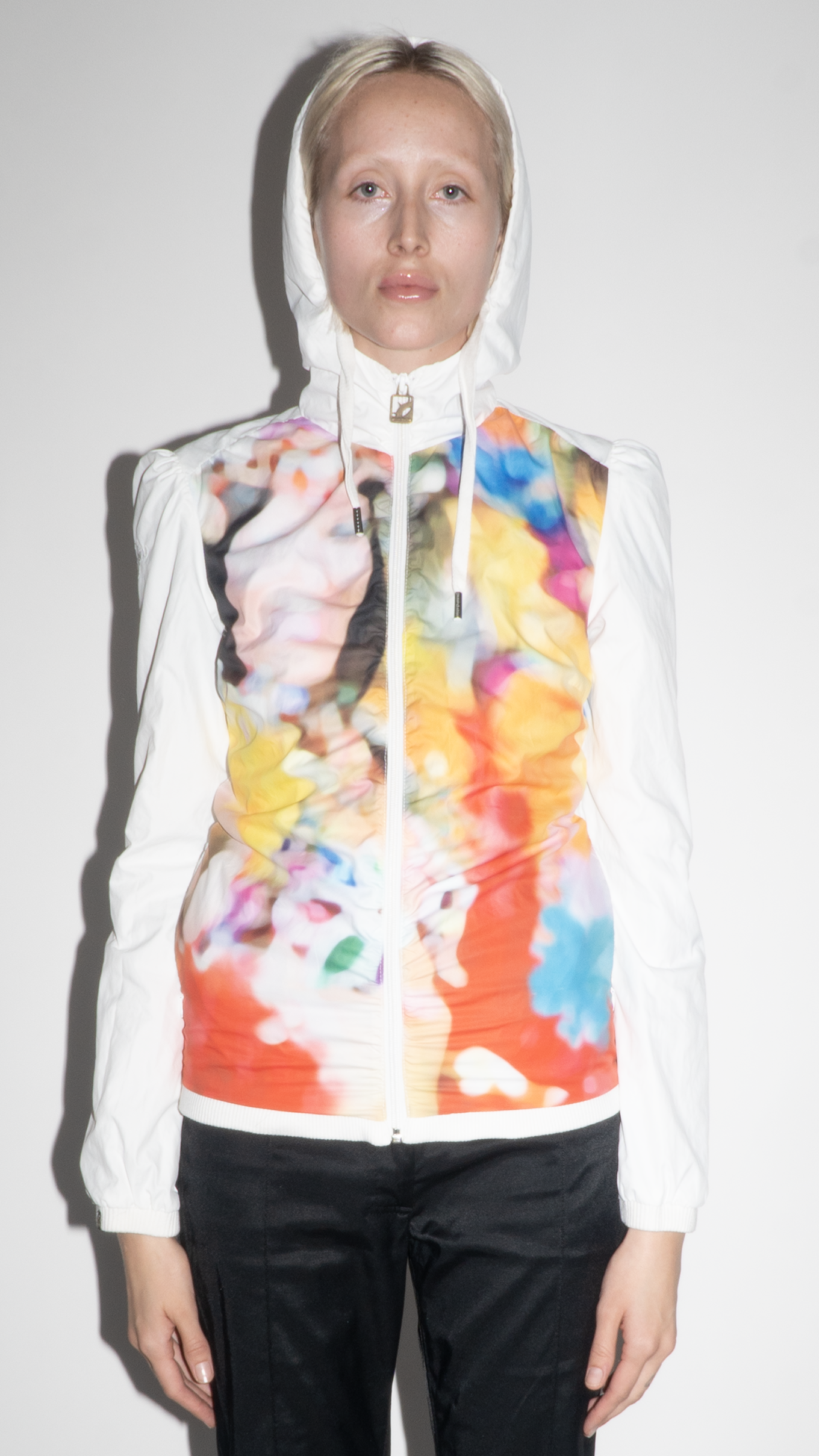 Gsus Industries White Zip Up Hooded Jacket with Abstract Print