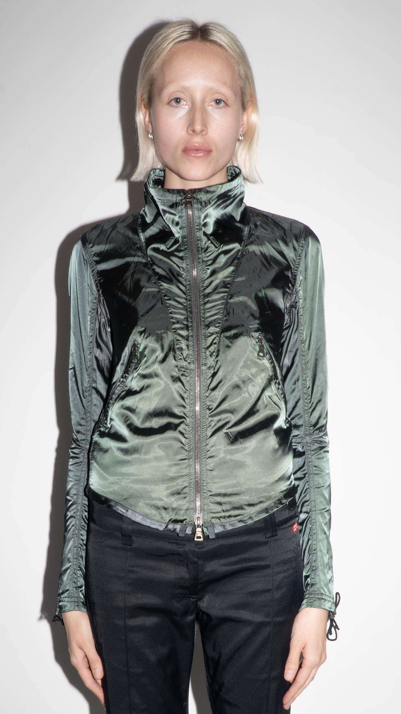 Prada Sport 00's Dark Green Zip Up Jacket with Lace Up Sleeves